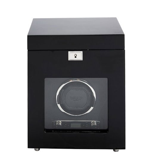 Wolf's Savoy single watch winder with storage in black. A wonderful item for the best watch in your collection, with a bit of storage for extra links, bands etc.-Leather-Storage-Item# 001-799-01010 Single Watch Winder