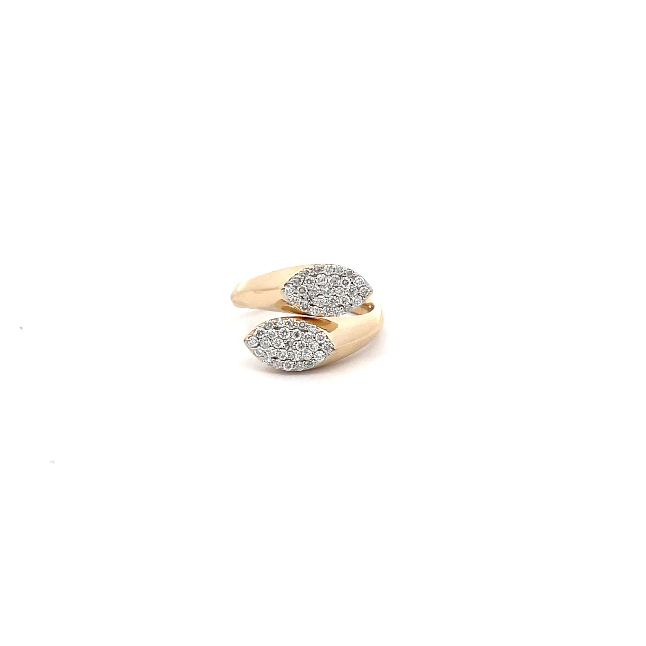 This graceful bypass ring features an elegant leaf-shaped design that wraps gently around the finger. Delicate and nature-inspired, it offers a refined, organic look that’s both timeless and modern.-14k Yellow gold-Round diamonds, 0.68cts-Size 6.5Item# 804-00788 Leaf Bypass Ring