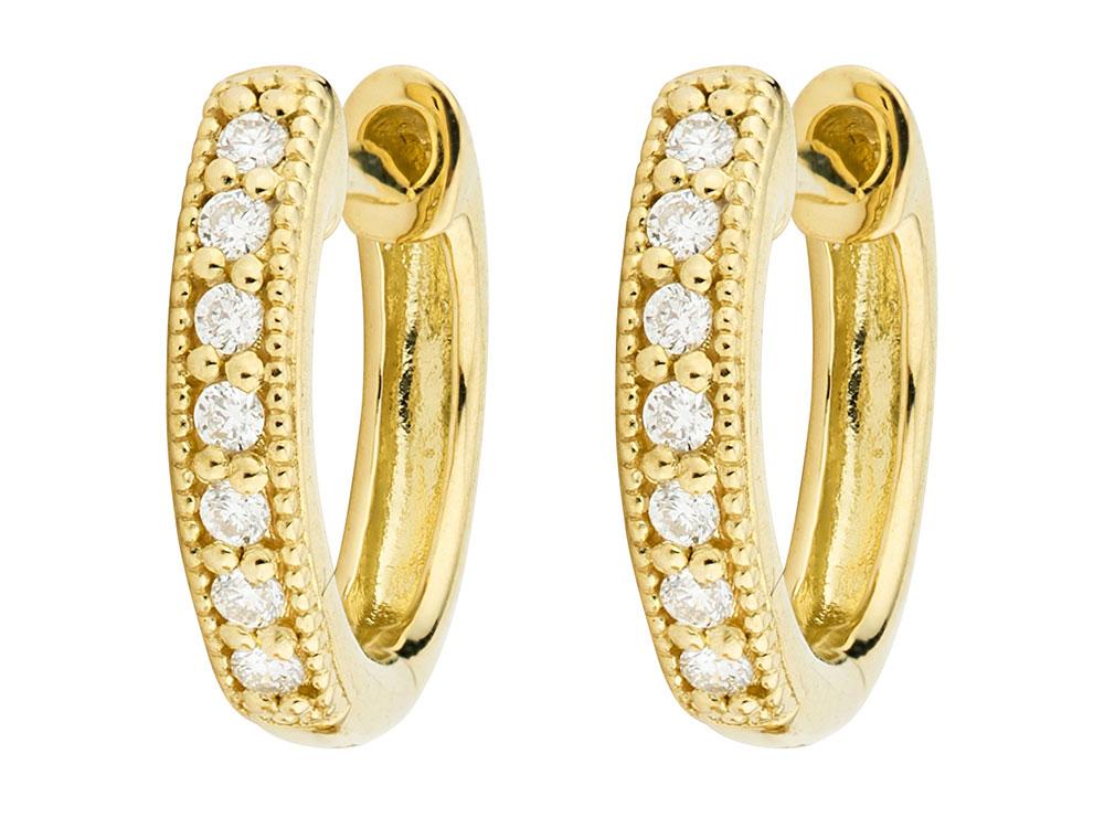Combining classic elegance with on trend shapes and styles, JFJ offers something for women of all ages. From the Lisse Collection, these huggies feature pave set sparkling round diamonds in 18K yellow gold.-18k Yellow gold-Round white diamonds, 0.11cts-Dimensions, 12mm x 2.5mmItem# 805-2000058 Diamond Huggie Hoop Earrings