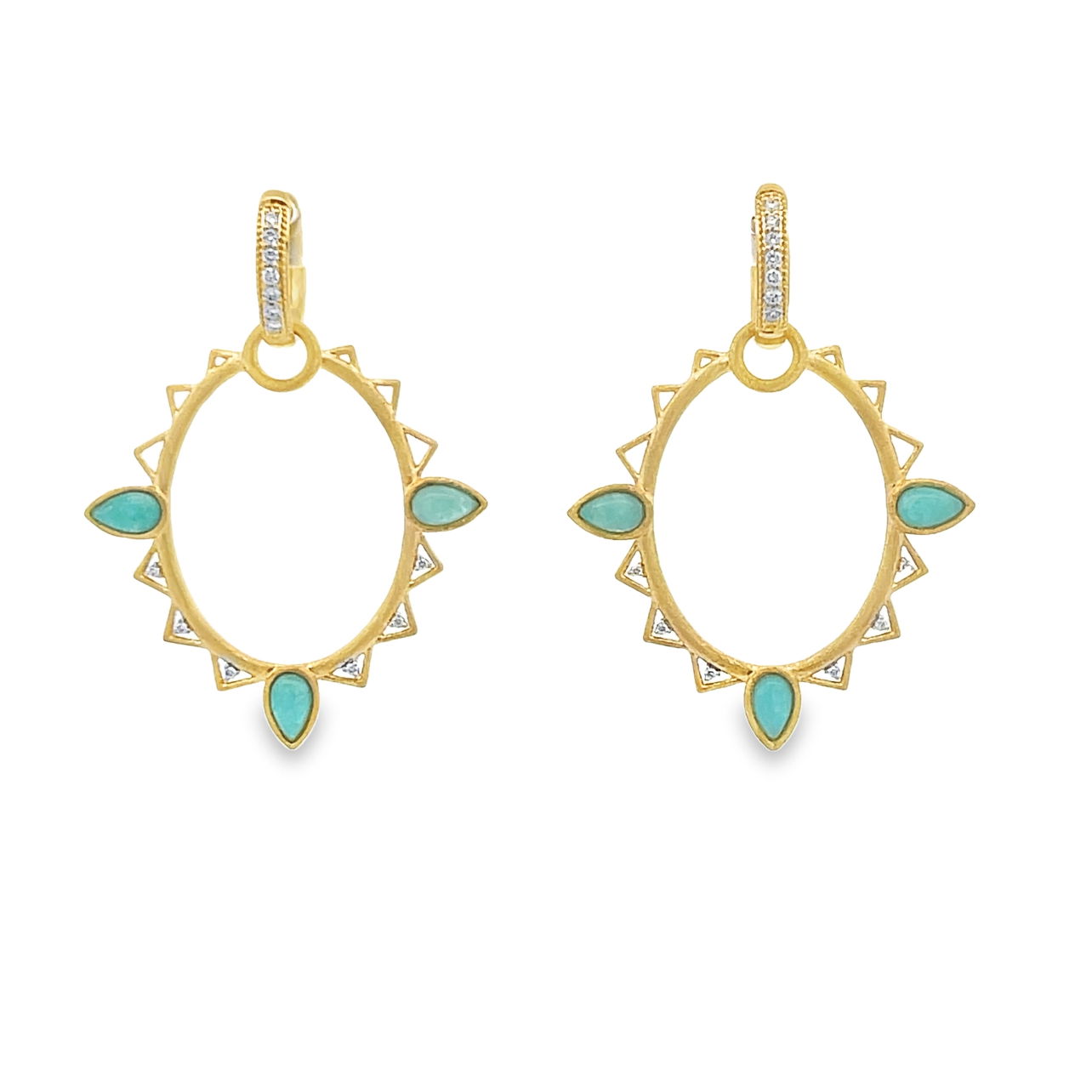 Combining classic elegance with on trend shapes and styles, JFJ offers something for women of all ages. From the Moroccan Collection, these charms feature three pear shaped stones set between round white diamonds. These pieces are set in18k gold with the signature brushed JFJ finish. Frames and hoops sold separately.-18k Yellow gold-Round white diamonds, 0.04cts-Pear Amazonite, 1.18cts-Dimensions, 20mmItem# 809-00698 Jamalia Earring Charm Frames
