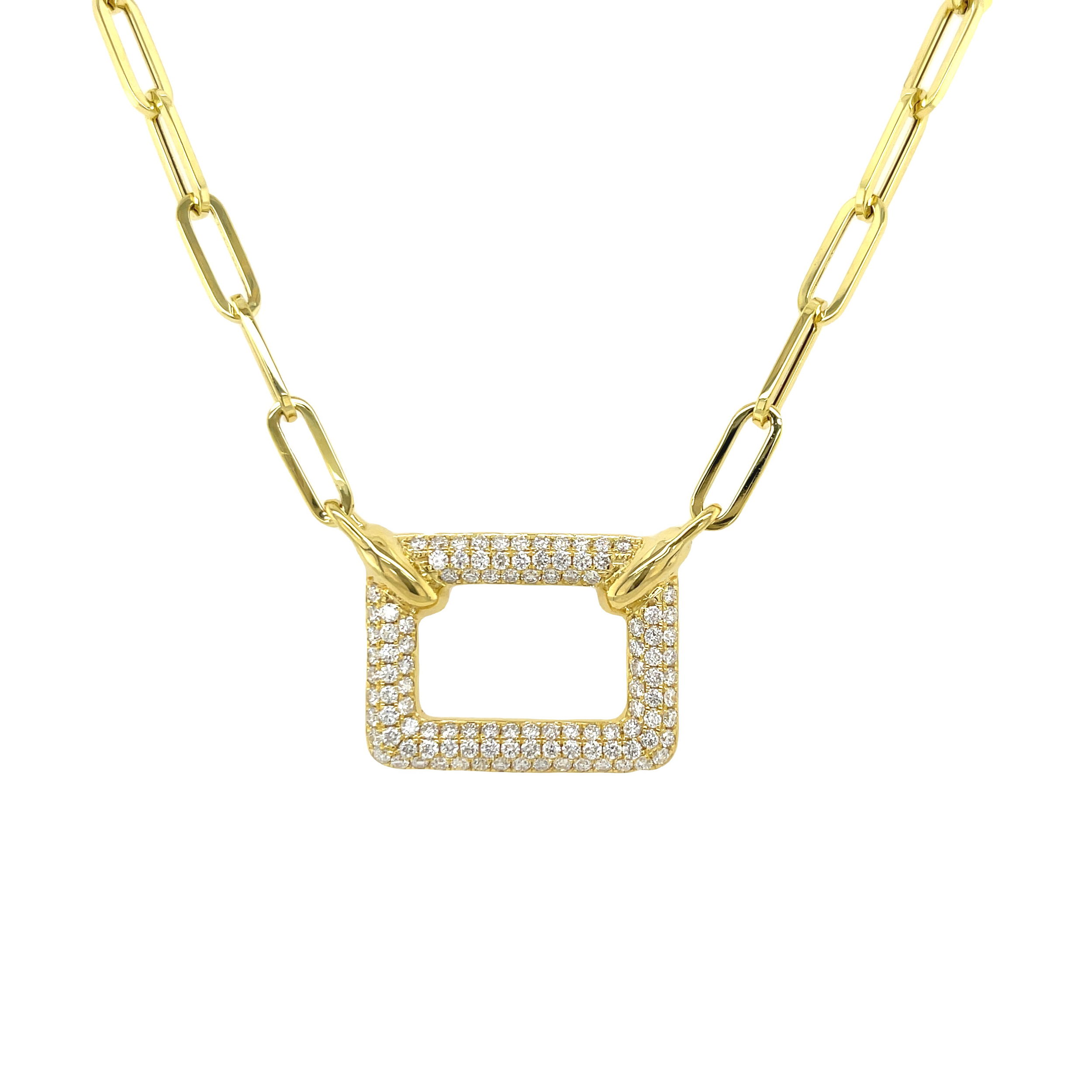 Sleek and refined, this stationary pendant showcases a modern silhouette accented with pavé-set diamonds. The open design and paperclip chain adds a light, contemporary feel, while the shimmering diamonds bring just the right amount of sparkle.-14k Yellow gold-Round diamonds, 1.30cts-Length 18"Item# 165-00985 Open Rectangular Pave Necklace