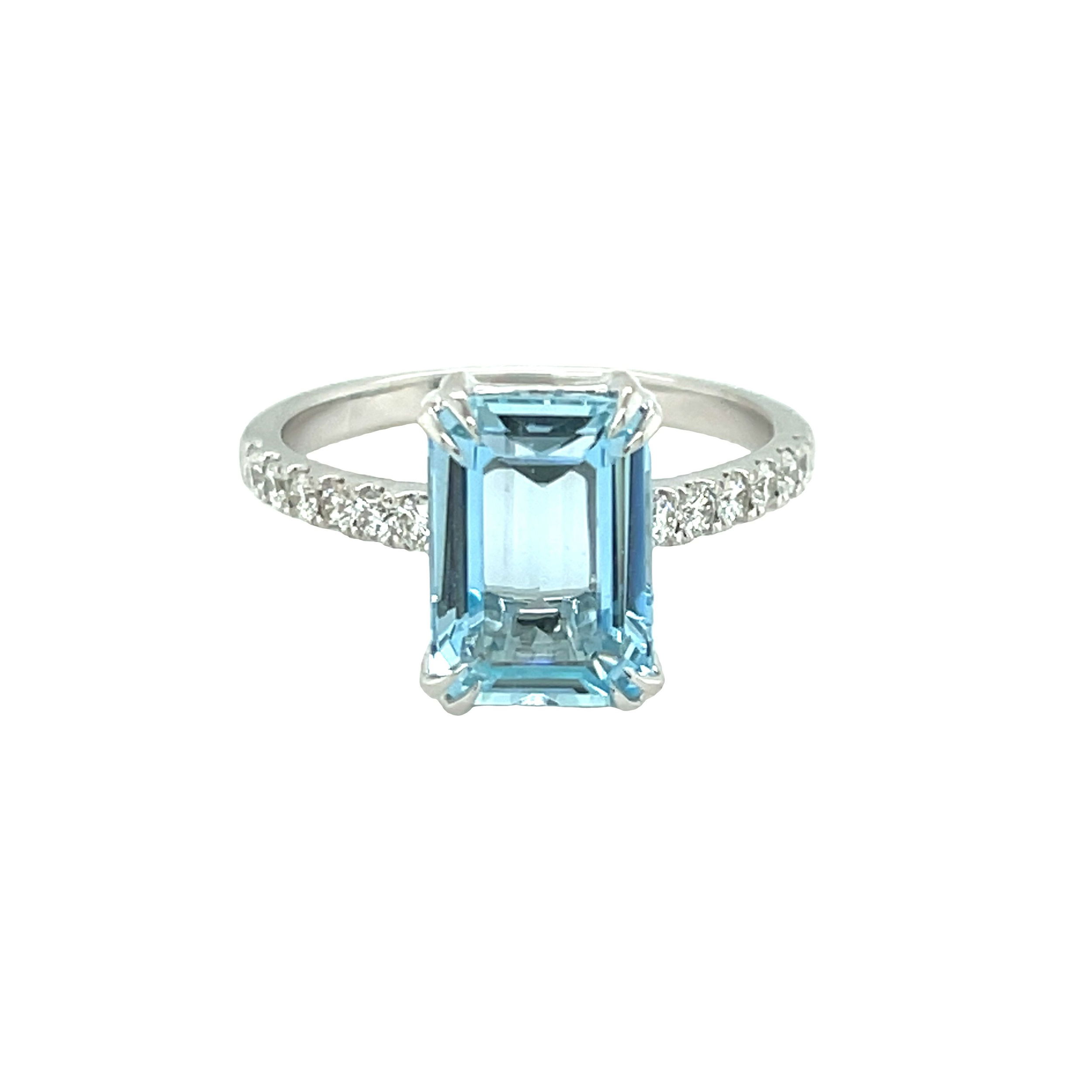 The Clea Ring, featuring a stunning aquamarine set in 14k white gold with sparkling round diamonds, is a piece you’ll love having in your collection. Its effortless elegance makes it the perfect finishing touch for any outfit.-14k White gold-Faceted Aquamarine-Round diamonds, 0.24ctsItem# 200-01118 Clea Ring