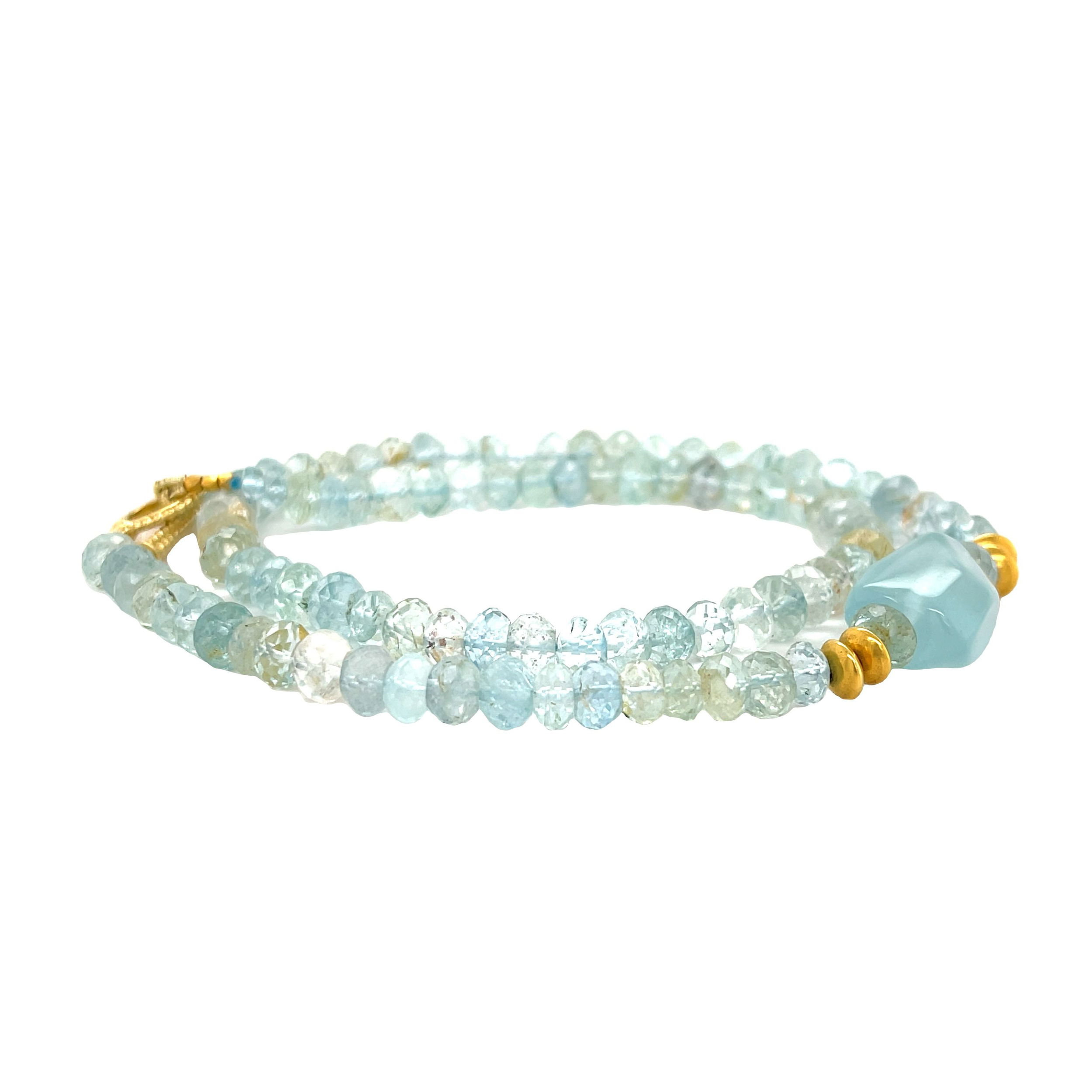 Aquamarine Convertible Wrap Bracelet 14"This wrap bracelet features serene aquamarine beads paired with 18k yellow gold, creating a delicate and elegant accessory. This piece offers versatility as a long or layered necklace. Pair with a Keepsake Finial Pendant for added styling options.-18k Yellow gold-Aquamarine beads-Length 14"Item# 808-00713 BEING REDONE - NOT FOR WEBSITE VIEW