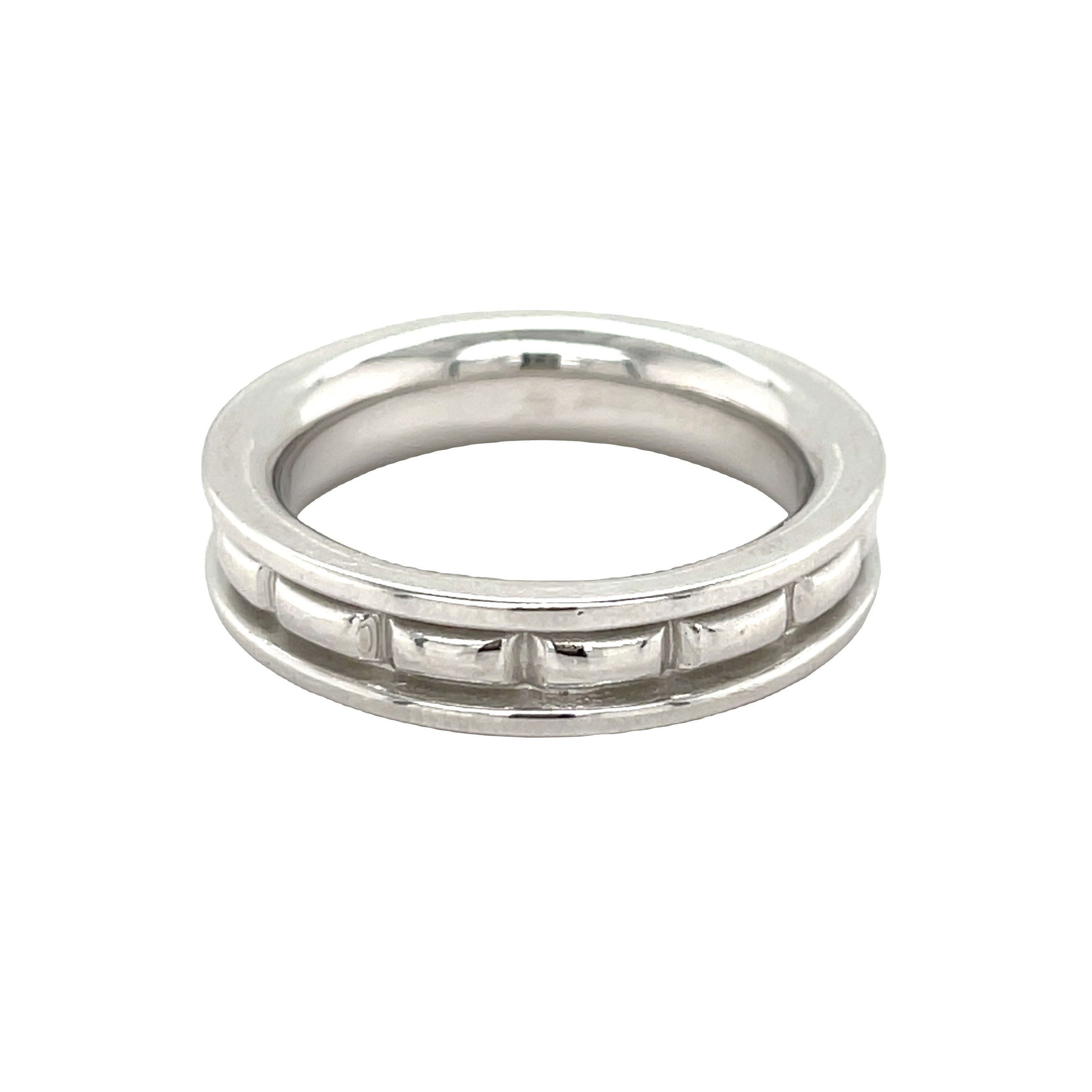Crafted in 14K white gold, this men's wedding band features a bold, Greek-inspired motif, blending classic heritage with modern style. A timeless symbol of strength, tradition, and enduring commitment.-14k White gold-5.4mm-Size 9.5, Contact for sizing optionsItem# 405-00144 Men's Wedding Band