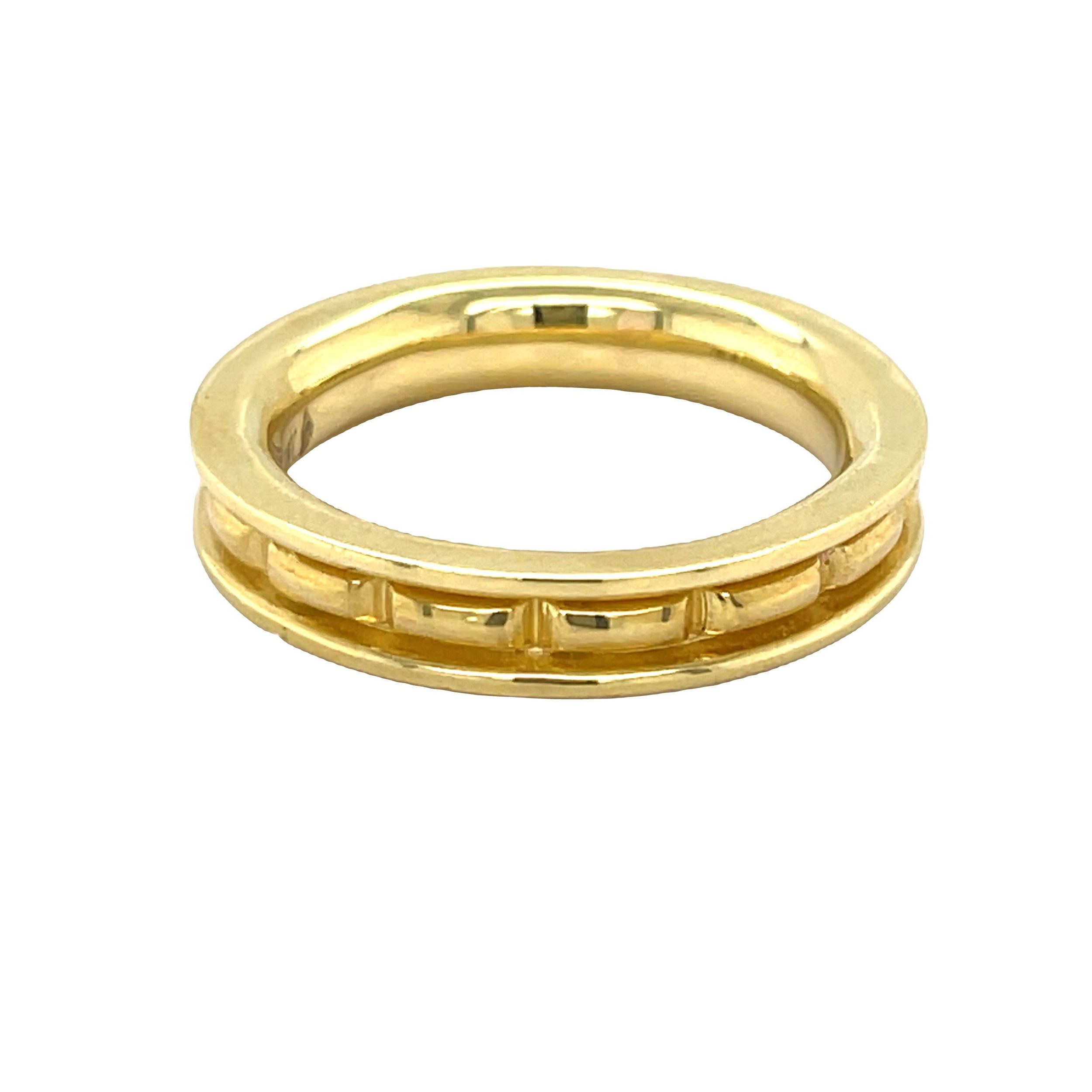 Crafted in 18K yellow gold, this men's wedding band features a bold, Greek-inspired motif, blending classic heritage with modern style. A timeless symbol of strength, tradition, and enduring commitment.-18k Yellow gold-4.5mm-Size 9, Contact for sizing optionsItem# 405-00145 Men's Wedding Band