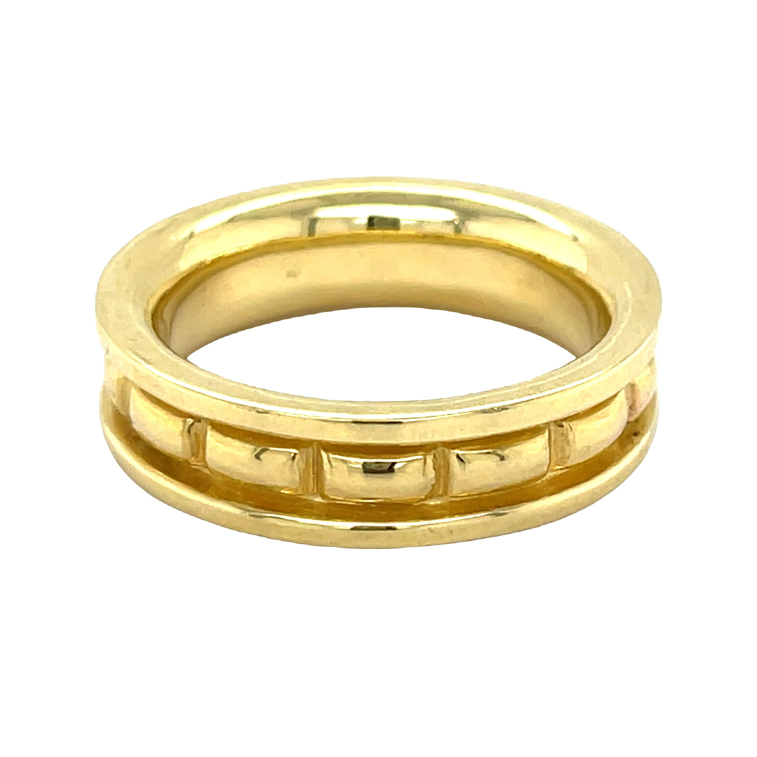 Crafted in 18K yellow gold, this men's wedding band features a bold, Greek-inspired motif, blending classic heritage with modern style. A timeless symbol of strength, tradition, and enduring commitment.-18k Yellow gold-6.4mmSize 9, Contact for sizing optionsItem# 405-00146 Men's Wedding Band
