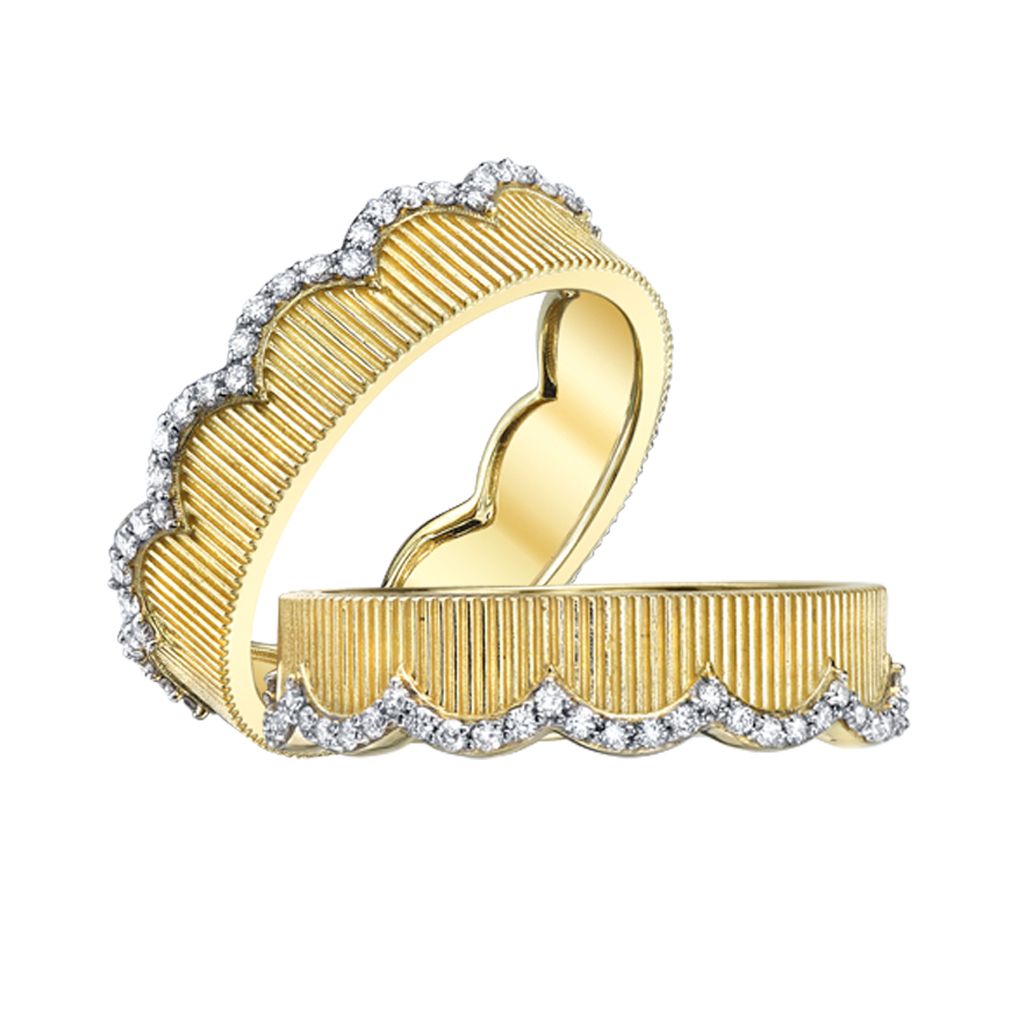 Designed and Made in Southern California, this piece pairs beautifully with others, making it the ideal choice for creating your own unique stacked look.-18k Yellow gold-Round diamonds, 0.6cts-Size 6.5Item# 002-804-2000019 Scalloped Eternity Band Pair