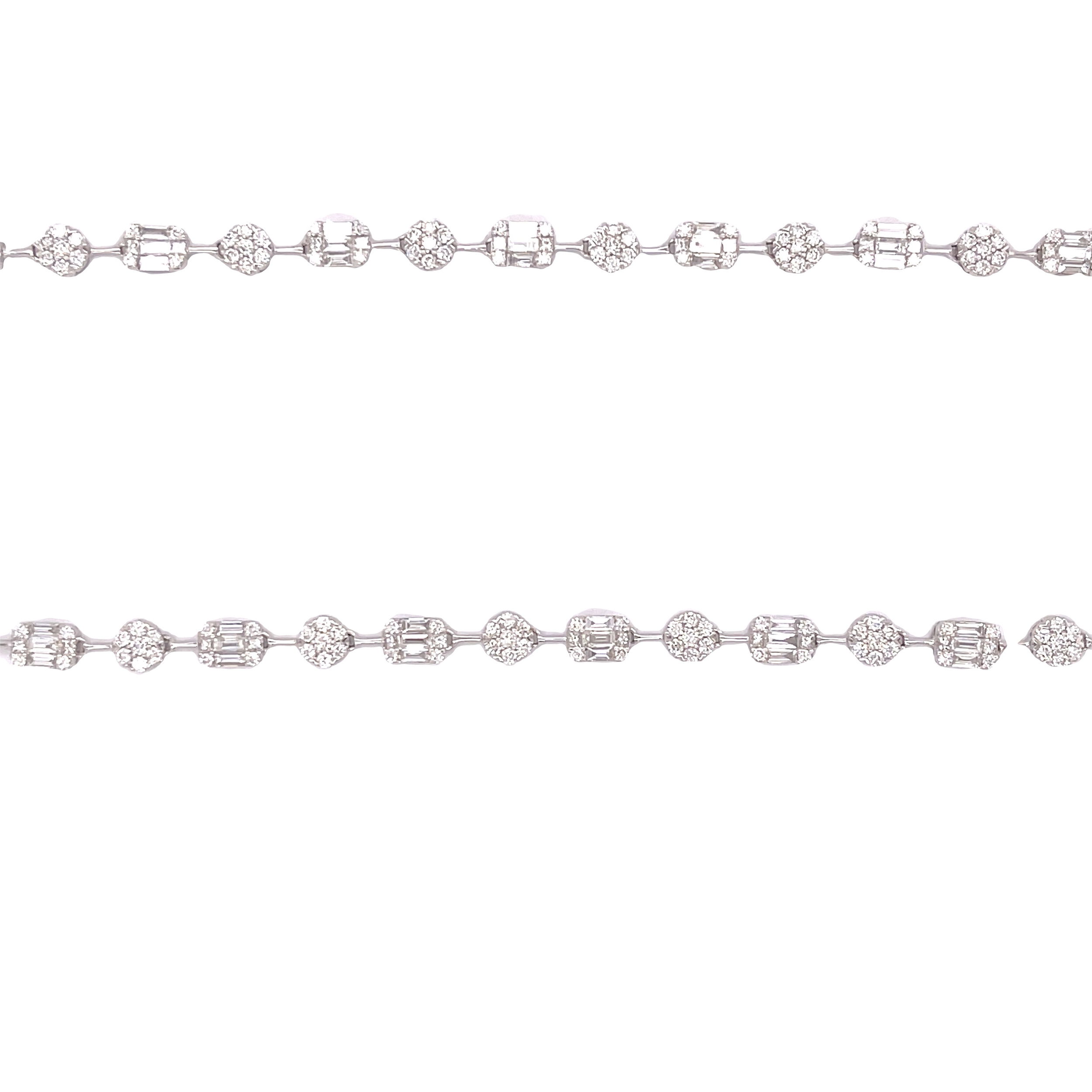 Elevate your style with this exquisite long diamond necklace, featuring a stunning array of various diamond shapes. The unique combination of cuts creates a captivating sparkle, perfect for layering or wearing alone as a statement piece. -18k White gold-Princess cut, Round, Baguette Diamonds, 13.33cts-Necklace Length, 31"Item# 165-00863 Multi-Shape Diamond Necklace