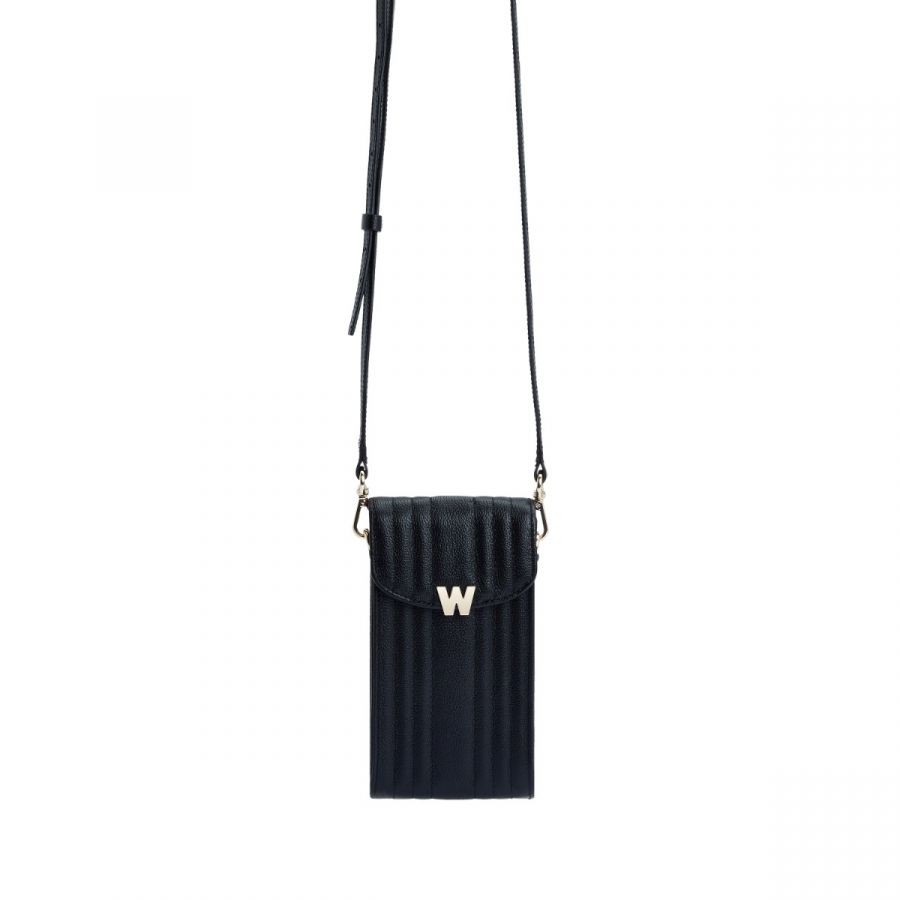 The Wolf Mimi Phone Case with Wristlet & Lanyard in Black is crafted from quilted top-grain leather and finished with gleaming gold-tone hardware, offering a stylish and versatile accessory for modern, hands-free living. Featuring two credit-card slots, a detachable wristlet and lanyard strap, and compatibility with all iPhone sizes up to the 13 Pro Max, it balances function and elegance with compact efficiency.-LeatherItem#001-760-00048 Mimi Phone Case