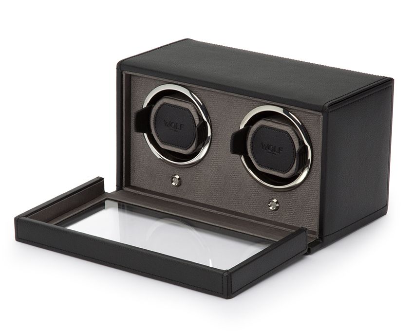Wolf's Cub double watch winder in black leather. This great display for the best two watches in a person's collection will keep your timepieces wound and ready to tick all day.-Leather-Item# 001-799-01018 Double Watch Winder