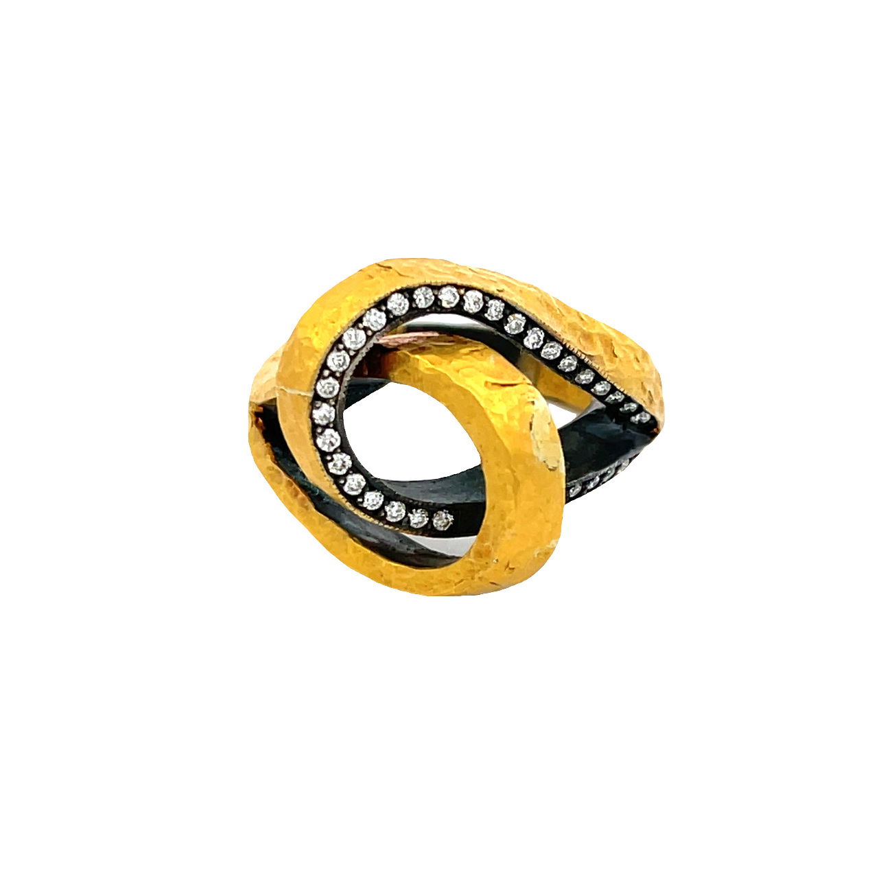 Presenting the "You and Me" Ring—a harmonious blend of oxidized silver and 24k yellow gold. This elegant piece features two interlocking loops, symbolizing unity and connection. Adorned with round brilliant-cut diamonds totaling 0.30 carats.-24k Yellow gold -Oxidized silver -Round diamonds, 0.30cts-Size 6.5Item# 001-804-00684 You and Me Ring