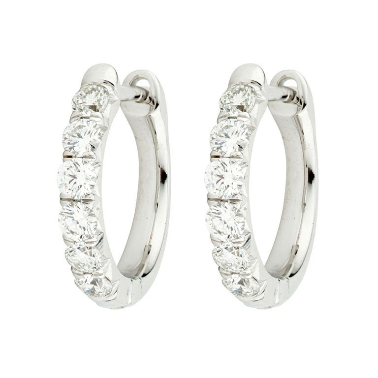Combining classic elegance with on trend shapes and styles, JFJ offers something for women of all ages. From the Core Collection, these hoops feature French pave round diamonds set in 18K white gold.-18k White gold-Round white diamonds, 0.60ctsItem# 805-01782 Jude Diamond Pave Hoop Earrings