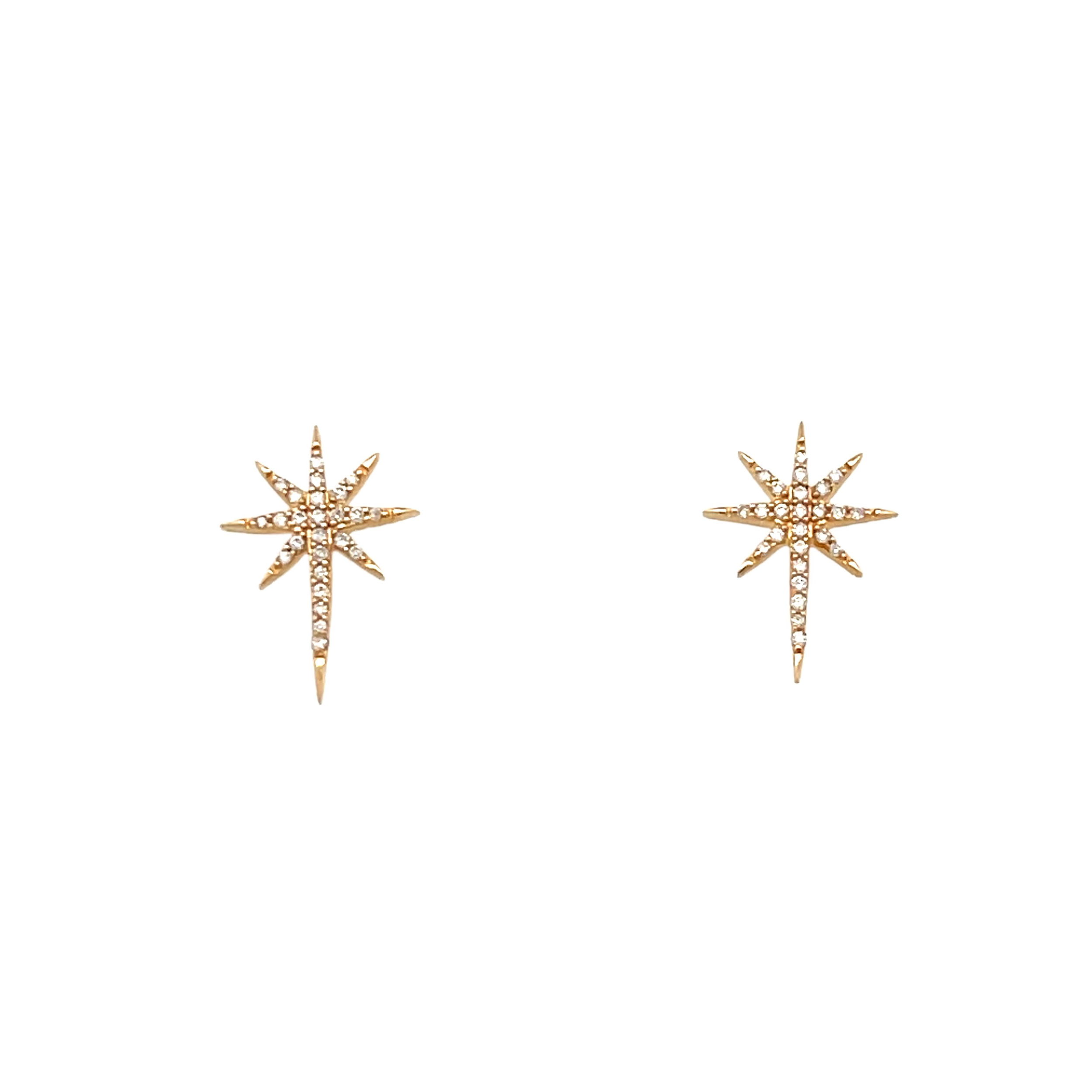 The design of these studs features a star shape with an elongated ray, creating a unique and different approach to a popular motif found in many pieces of jewelry. -14k Yellow gold-Round diamonds, 0.11ctsItem# 805-01503 Star Stud Earrings