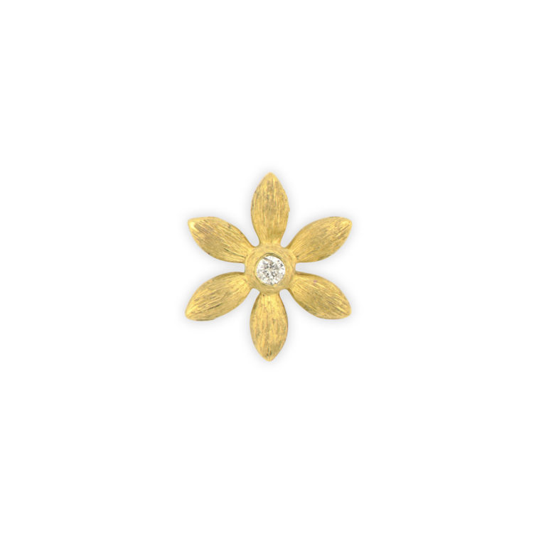Combining classic elegance with on trend shapes and styles, JFJ offers something for women of all ages. From the Petites Collection, this stud features an invisible set diamond in 18K yellow gold with the signature brushed JFJ finish. Studs sold as singles.-18k Yellow gold-Round white diamond-Dimensions, 8mm x 8mmItem# 805-01191 Petite Flower Earring Stud