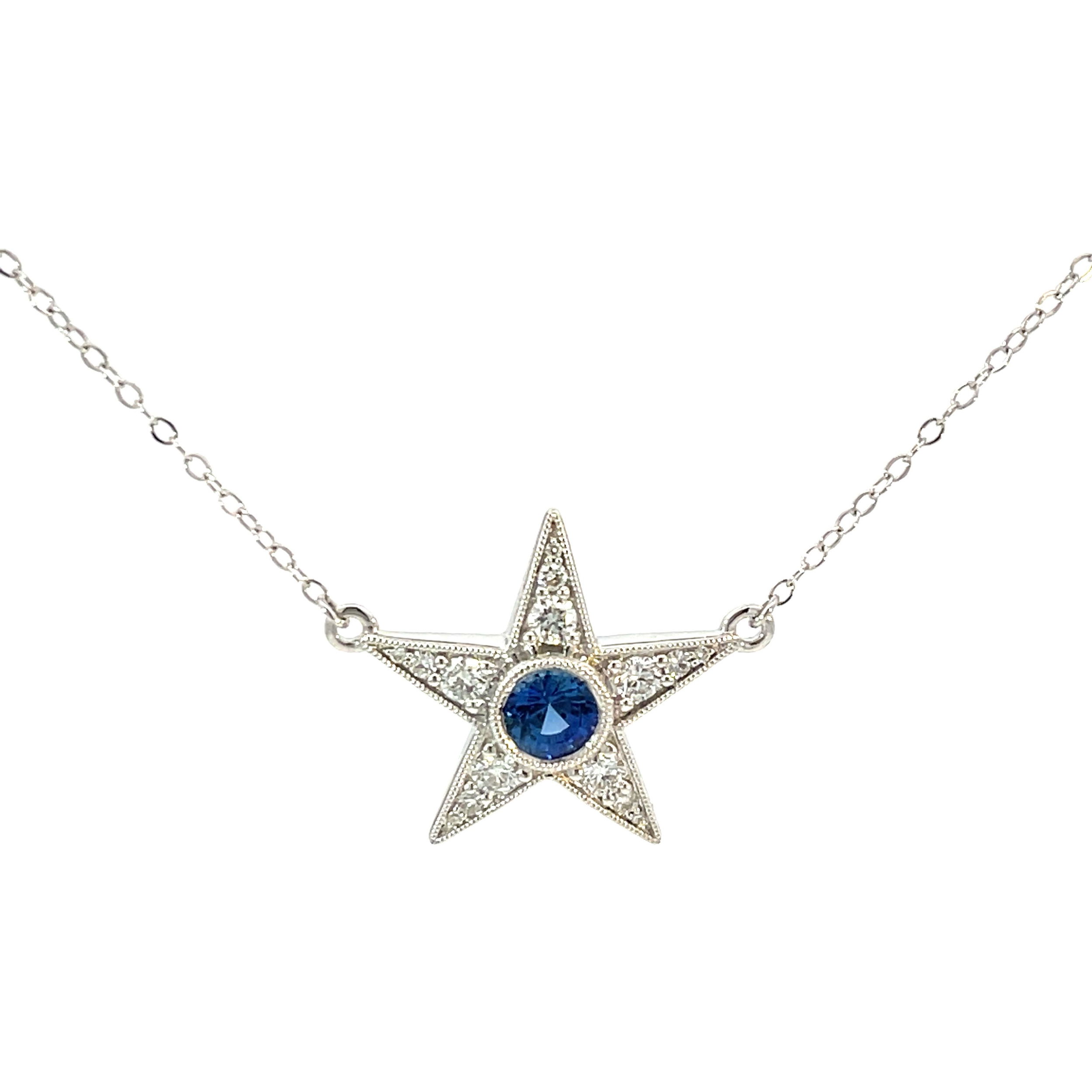 The "Starlette Necklace" features a vibrant round sapphire surrounded by dazzling diamonds, set in 18k yellow gold. This elegant piece adds a touch of brilliance and color, effortlessly elevating both casual and formal looks.-14k White gold-Round sapphire, 0.57cts-Round diamonds, 0.36cts-Length 18”Item# 807-00917 Starlette Necklace in White Gold