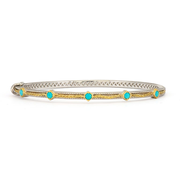 Combining classic elegance with on trend shapes and styles, JFJ offers something for women of all ages. From the Mixed Metal Collection, this bangle features 18K yellow gold woven rope trim with a set of five kite turquoise stones in the band.-18k Yellow gold-Sterling silver-Turquoise-Dimensions, 4mmItem# 808-01071 Mixed Metal Woven Kite Rope Bangle