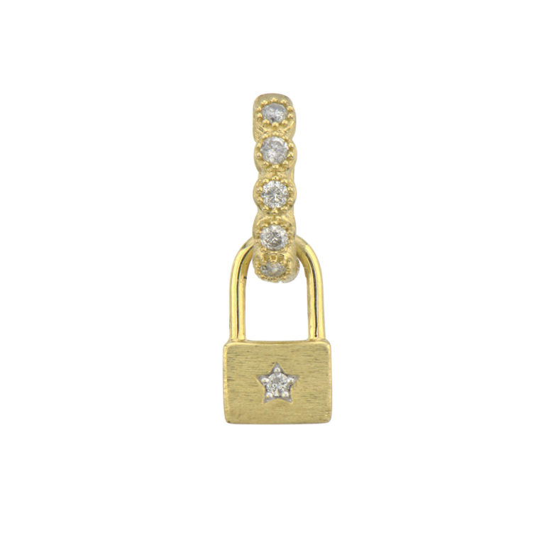Combining classic elegance with on trend shapes and styles, JFJ offers something for women of all ages. From the Petites Collection, this charm features a prong set round diamond in 18K yellow gold with the signature brushed JFJ finish. Hoops and charms sold separately. Charms sold as singles.-18k Yellow gold-Round white diamonds-Dimensions, 10mm x 6mmItem # 811-00260 Petite Diamond Pave Lock Earring Charm