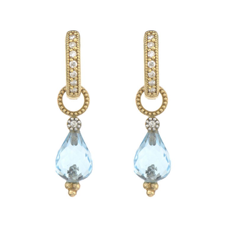 Combining classic elegance with on trend shapes and styles, JFJ offers something for women of all ages. Make a statement with these facetted topaz charms that combine classic artistry and contemporary design. Designed to complement any look, these pieces are perfect for every occasion. Hoops and charms sold separately.-18k Yellow gold-Sky blue topaz, 0.02ctsItem# 809-2000040 Pear Briolette Charms