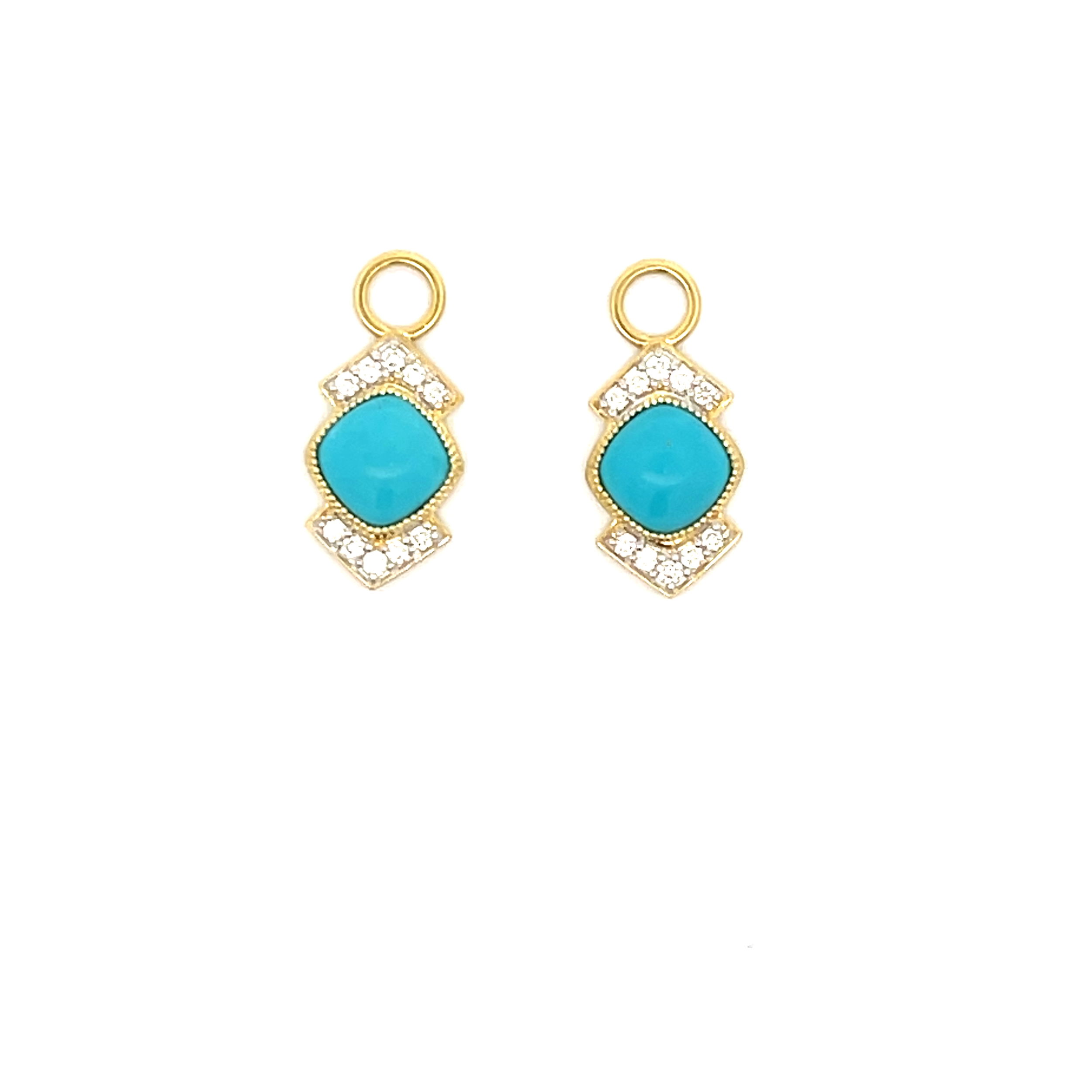 Combining classic elegance with on trend shapes and styles, JFJ offers something for women of all ages. From the Lisse Collection, these charms are a stunning design that feature a cushion cut turquoise stone in the center with a row of white diamonds above and below, trimmed in 18k yellow gold beaded detail. Hoops and earring charms sold separately.-18k Yellow gold-Round white diamonds-Turquoise-Dimensions, 18mmItem# 809-00625 Cushion Cut Turquoise Earring Charms