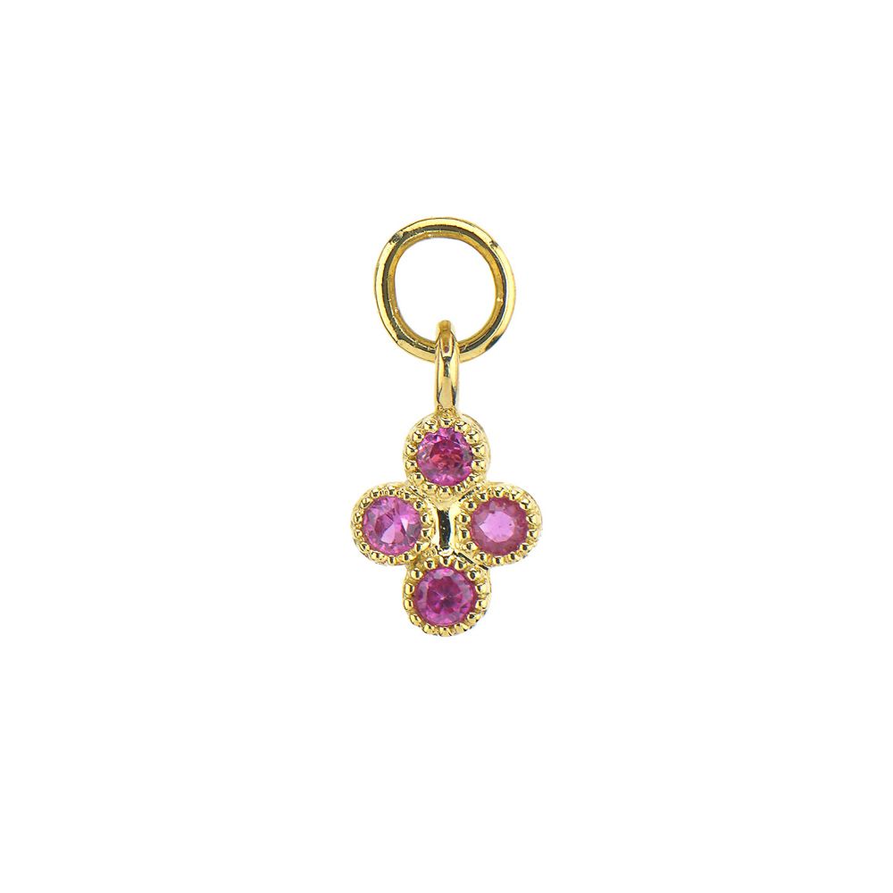 Combining classic elegance with on trend shapes and styles, JFJ offers something for women of all ages. From the Petite Collection, this small charm is delicately set with four vibrant pink sapphires, adding a pop of color and elegance. Their delicate size and shimmering details add a refined touch of sophistication to any hoop. Hoops and charms sold separately. Charms sold as singles.-18k Yellow gold-Round pink sapphire, 0.10ctsItem# 809-00485 Petite Pink Sapphire Quad Charm