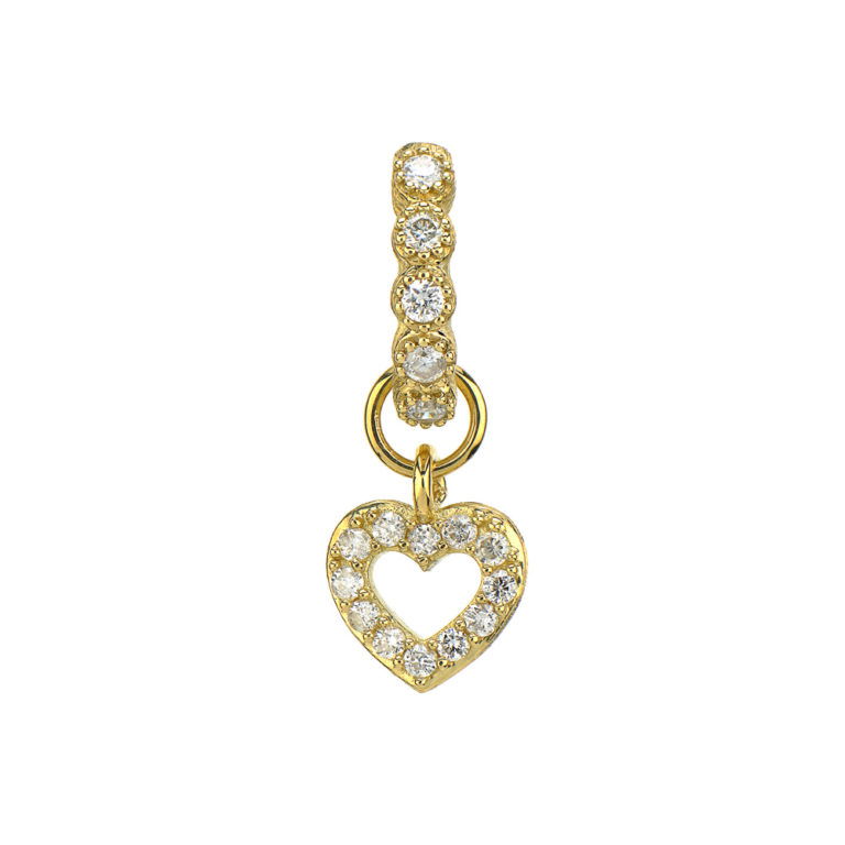 Combining classic elegance with on trend shapes and styles, JFJ offers something for women of all ages. From the Petites Collection, this charm features pave set diamonds in 18K gold. Hoops and charms sold separately. Charms sold as singles.-18k Yellow gold-Round white diamonds, 0.11cts-Dimensions, 6.4mmItem# 809-00630 Petite Pave Open Heart Earring Charm