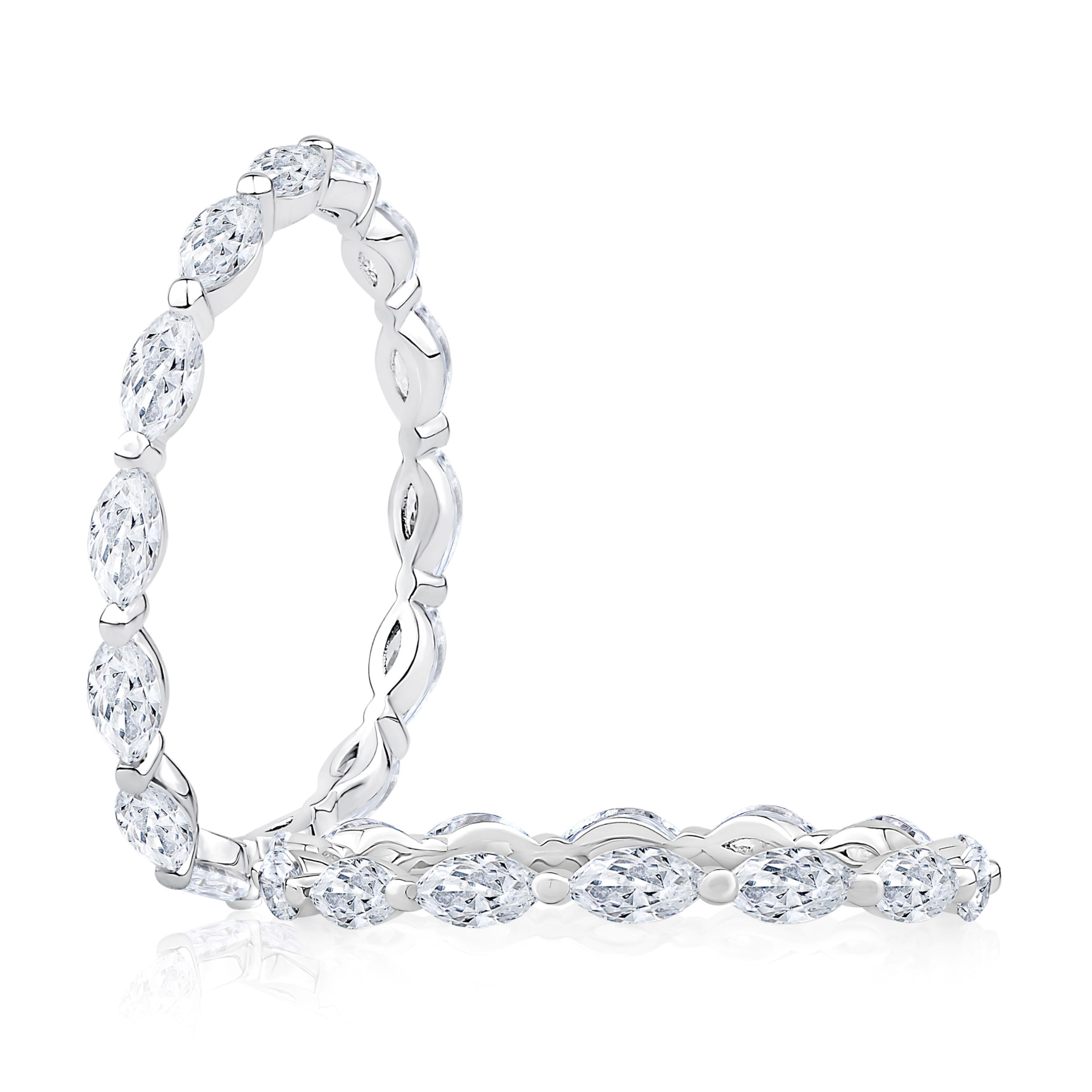 Graceful and timeless, this 18k white gold marquise diamond eternity band features a single shared prong setting, allowing each diamond to shine with uninterrupted brilliance. The elegant marquise-cut stones create a sophisticated, elongated look, making this ring a stunning symbol of everlasting love and refined beauty.-18k White gold-Marquise diamonds, 0.75cts-Size 4, Contact for sizing optionsItem# 110-00584 Scalloped Eternity Band