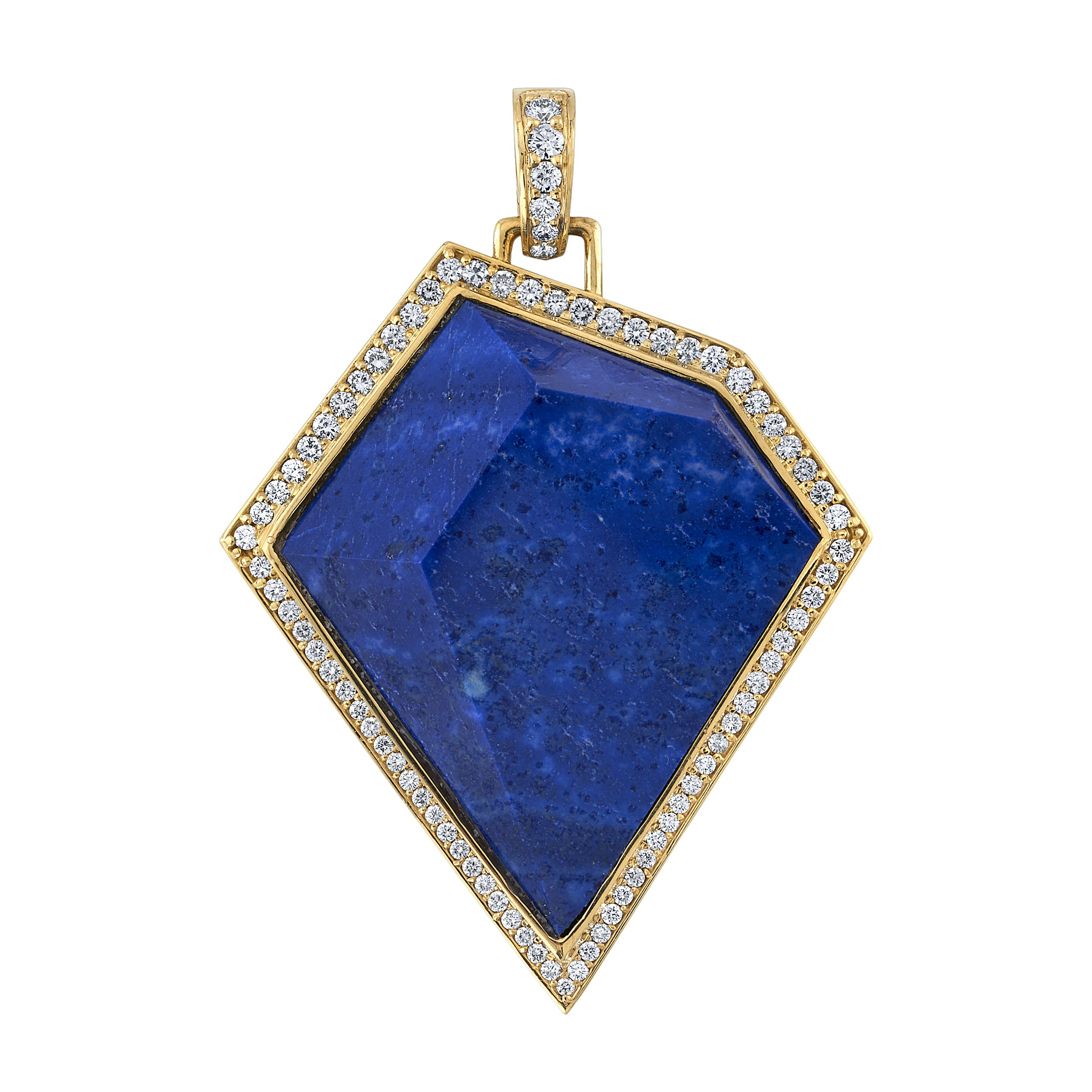 Featuring a fantasy cut lapis, 18k yellow gold, and round diamonds, the Fantasia pendant is both stylish and elegant. This stunning piece adds a contemporary twist to classic jewelry. Paired perfectly with the Selene Necklace. Selene Necklace sold separately. -18k Yellow gold-Fantasy cut lapis-Round diamonds, 1.77ctsItem# 806-00317 Fantasia Pendant