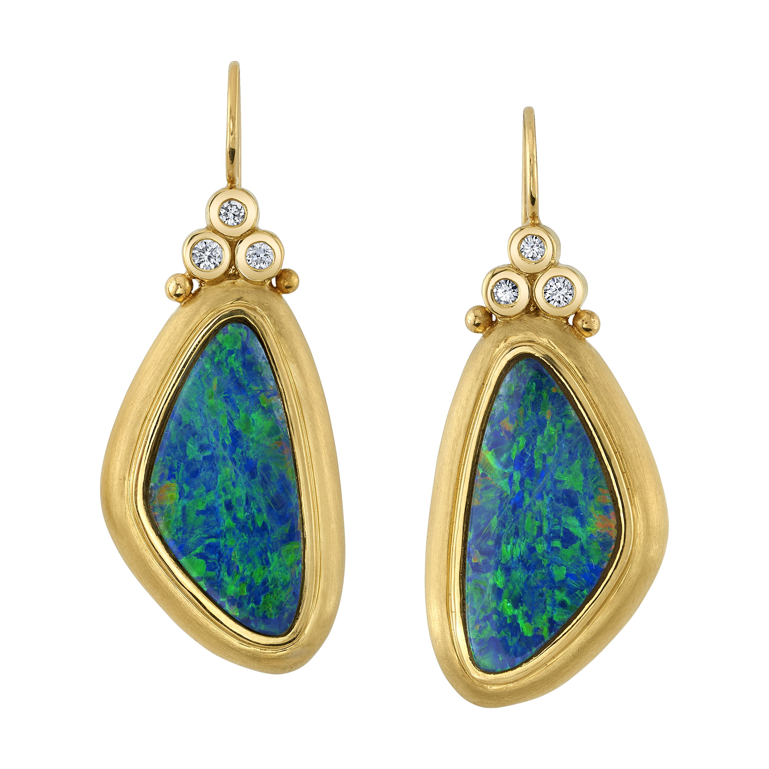 These 18k yellow gold earrings feature opal doublets paired with sparkling round diamonds, creating a captivating blend of color and brilliance. The vibrant opals and shimmering diamonds make these earrings a stunning accessory for any occasion.-18k Yellow gold-Opal doublets-Round diamonds, 0.19ctsItem# 210-01563 POW-er in Opal Doublets Earrings