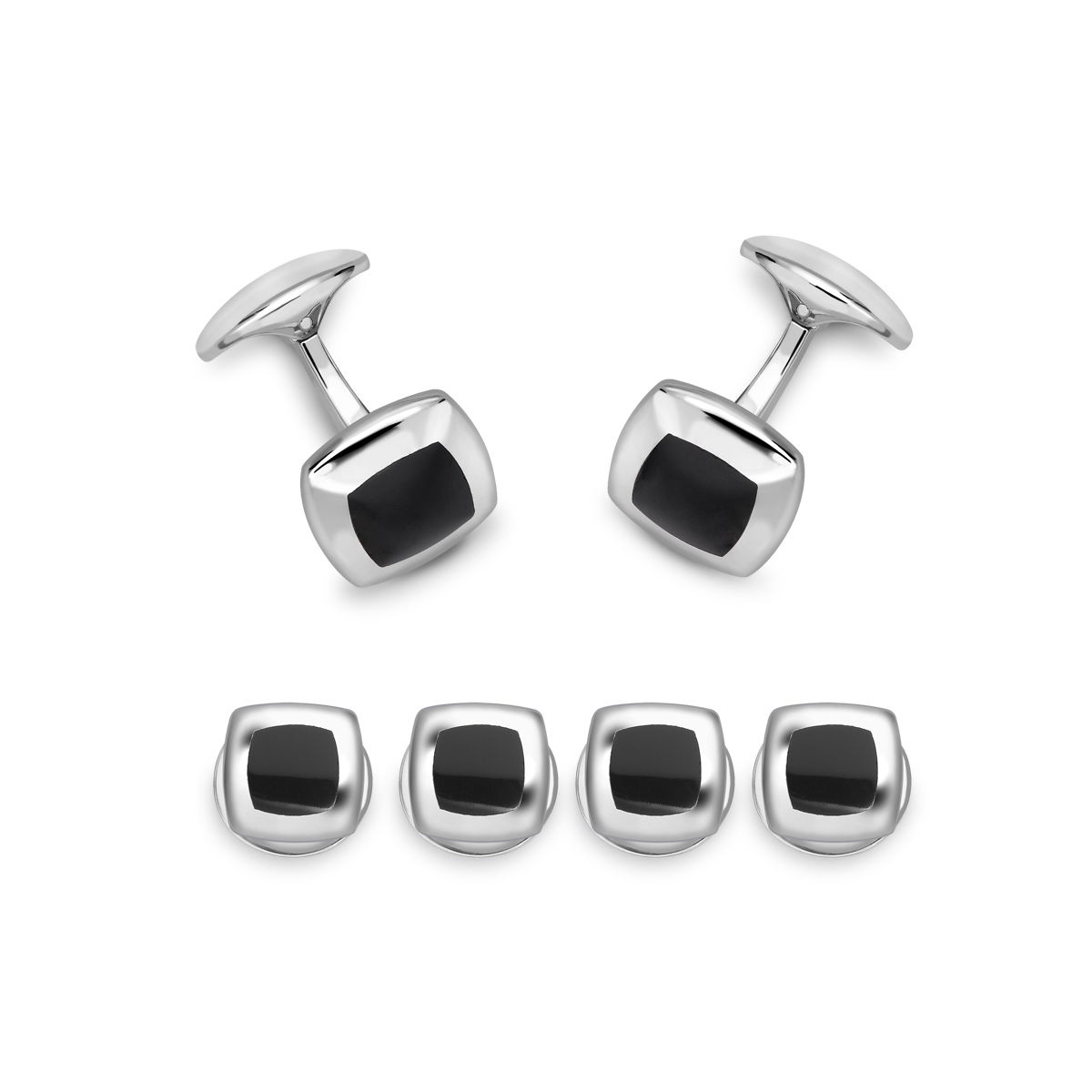 This Deakin & Francis cufflinks and stud set combines polished sterling silver with sleek black onyx for a sophisticated and timeless look. Expertly crafted, it offers a refined finishing touch to formal attire.-Sterling silver-Black onyx-Four studs-Item# 001-800-00415 Cufflinks and Stud Set in Sterling Silver and Black Onyx