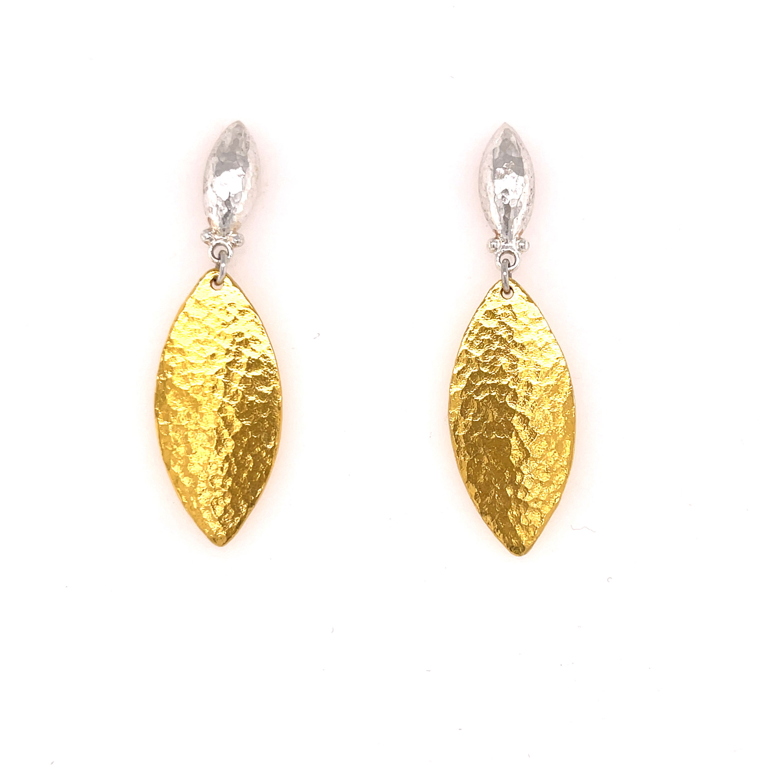 These earrings combine 24k yellow gold with sterling silver for a timeless, two-tone design. Their versatile style makes them perfect for any occasion, from casual to formal.-Sterling silver-Gold VermeilItem# 001-805-01703 Gold Flake Drop Earrings
