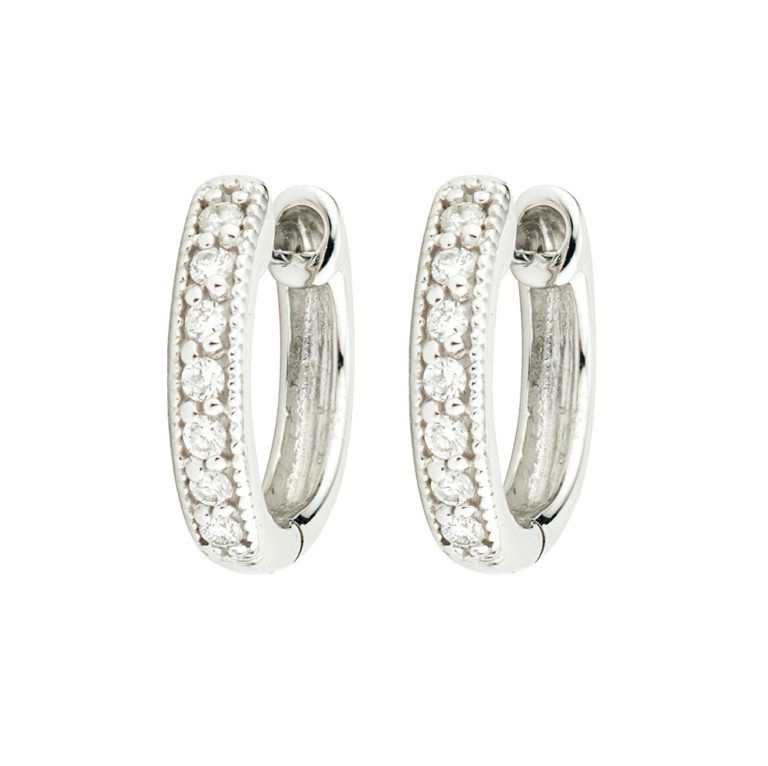 Combining classic elegance with on trend shapes and styles, JFJ offers something for women of all ages. From the Lisse Collection, these huggies feature pave sparkling round diamonds set in 18K gold. They are perfect to mix and match with JFJ earring charms.-18k White gold-Round white diamonds, 0.11ctsItem# 805-2000054 Diamond Huggie Hoop Earrings