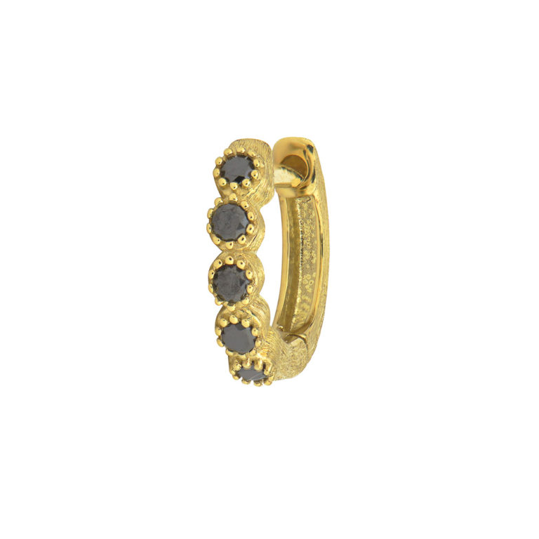 Combining classic elegance with on trend shapes and styles, JFJ offers something for women of all ages. This small hoop feature bezel-set black diamonds, adding a sleek and modern touch to its timeless design. Perfect for everyday wear, it offers understated elegance with a hint of edge. Huggie sold as a single.-18k Yellow gold-Round black diamonds, 0.07ctsItem# 805-01598 Petite Black Diamond Huggie Earring