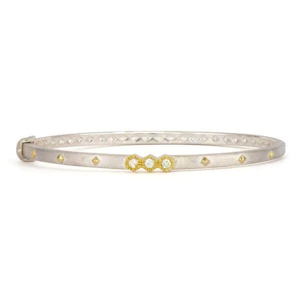 Combining classic elegance with on trend shapes and styles, JFJ offers something for women of all ages. From the Mixed Metal Collection, this bangle features three white diamonds in the center in yellow gold detail with high polish yellow gold pyramids along the sterling silver band.-18k Yellow gold-Sterling silver-Round diamonds, 0.13cts-Size, 7Item# 808-00955 Mixed Metal Three Diamond Hexagon Bangle