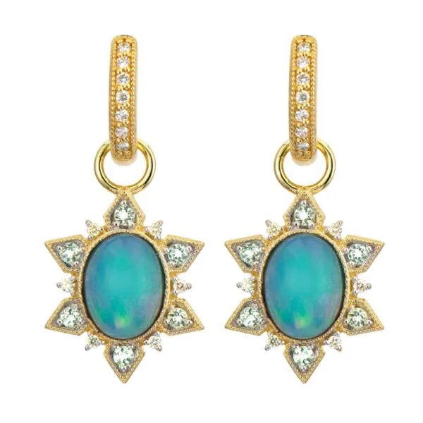 Combining classic elegance with on trend shapes and styles, JFJ offers something for women of all ages. From the Moroccan Collection, these pieces feature a cabochon opal stone in the center with small white diamonds and Sky Blue topaz gemstones around it to create a beautiful sunburst design set in 18k yellow gold. Hoops and charms sold separately.-18k Yellow gold-Cabochon opal-Sky blue topaz-Round white diamonds, 0.10cts-Dimensions, 17.5mm x 15.2mmItem# 809-00683 Opal Sunburst Earring Charms