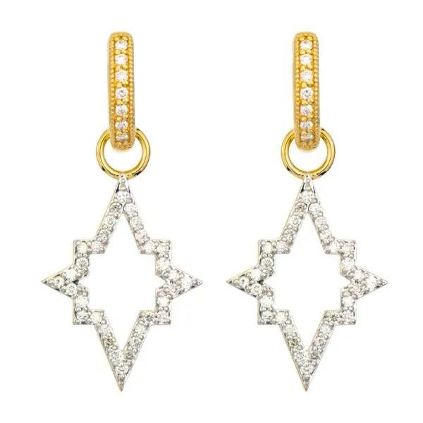 Combining classic elegance with on trend shapes and styles, JFJ offers something for women of all ages. From the Moroccan Collection, these charms feature an open star shape lined with pave diamonds in 18K yellow gold. Hoops and earring charms sold separately.-18k Yellow gold-Round diamonds, 0.45ctsItem# 809-2000015 Open Frame Night Star Charms