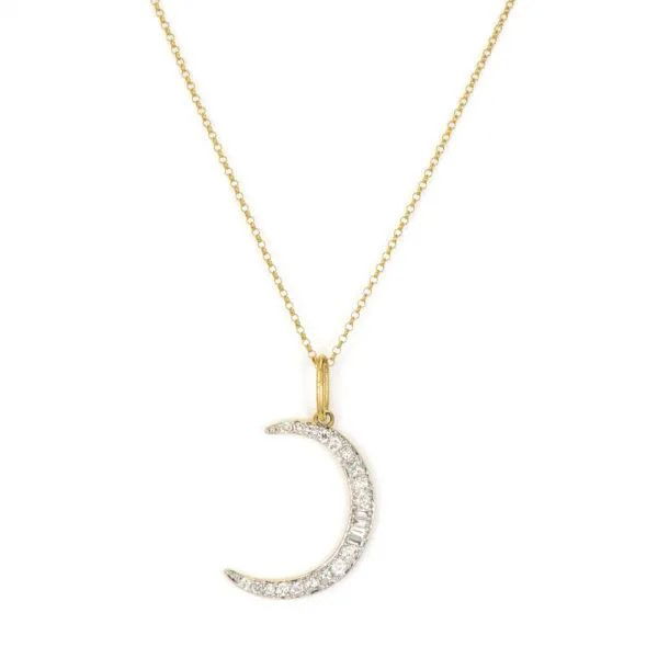 Combining classic elegance with on trend shapes and styles, JFJ offers something for women of all ages. From the Petites Collection, this necklace features a crescent shaped moon pendant set with white diamonds in 18k yellow gold.-18k Yellow gold-Round diamonds, 0.43cts-Chain length, 20"Item# 807-01055 Petite Crescent Moon Necklace