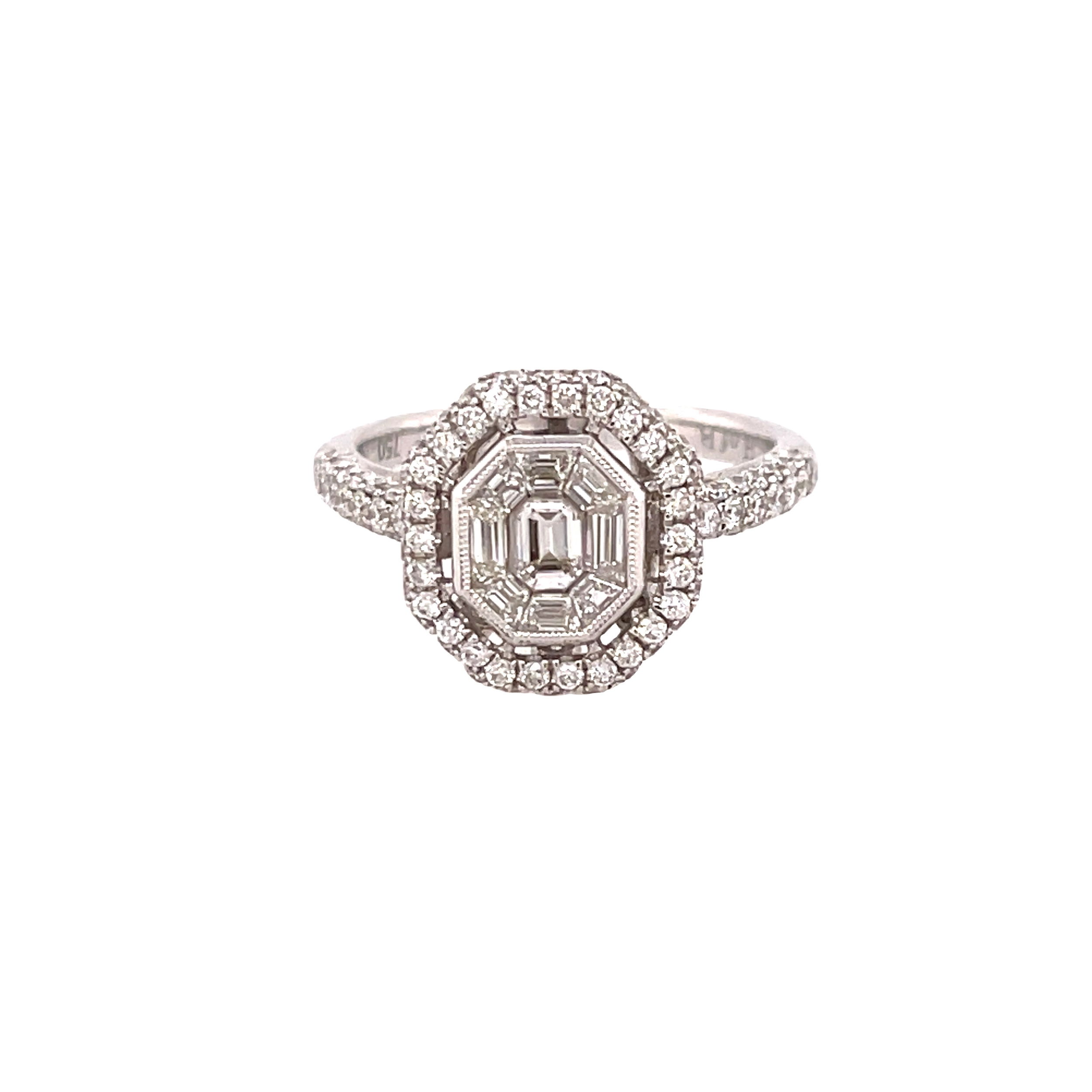 This stunning 18k White gold halo engagement ring features a unique multi-diamond center with a captivating emerald cut diamond surrounded by baguette diamonds. The halo setting enhances the brilliance of the diamonds, creating a sophisticated and timeless design. -18k White gold-Emerald cut diamond, 0.18cts-Baguette diamonds, 0.31cts-Round diamonds, 0.90cts-Size 6.5, Contact for sizing optionsItem# 100-00116 Diamond Halo Engagement Ring