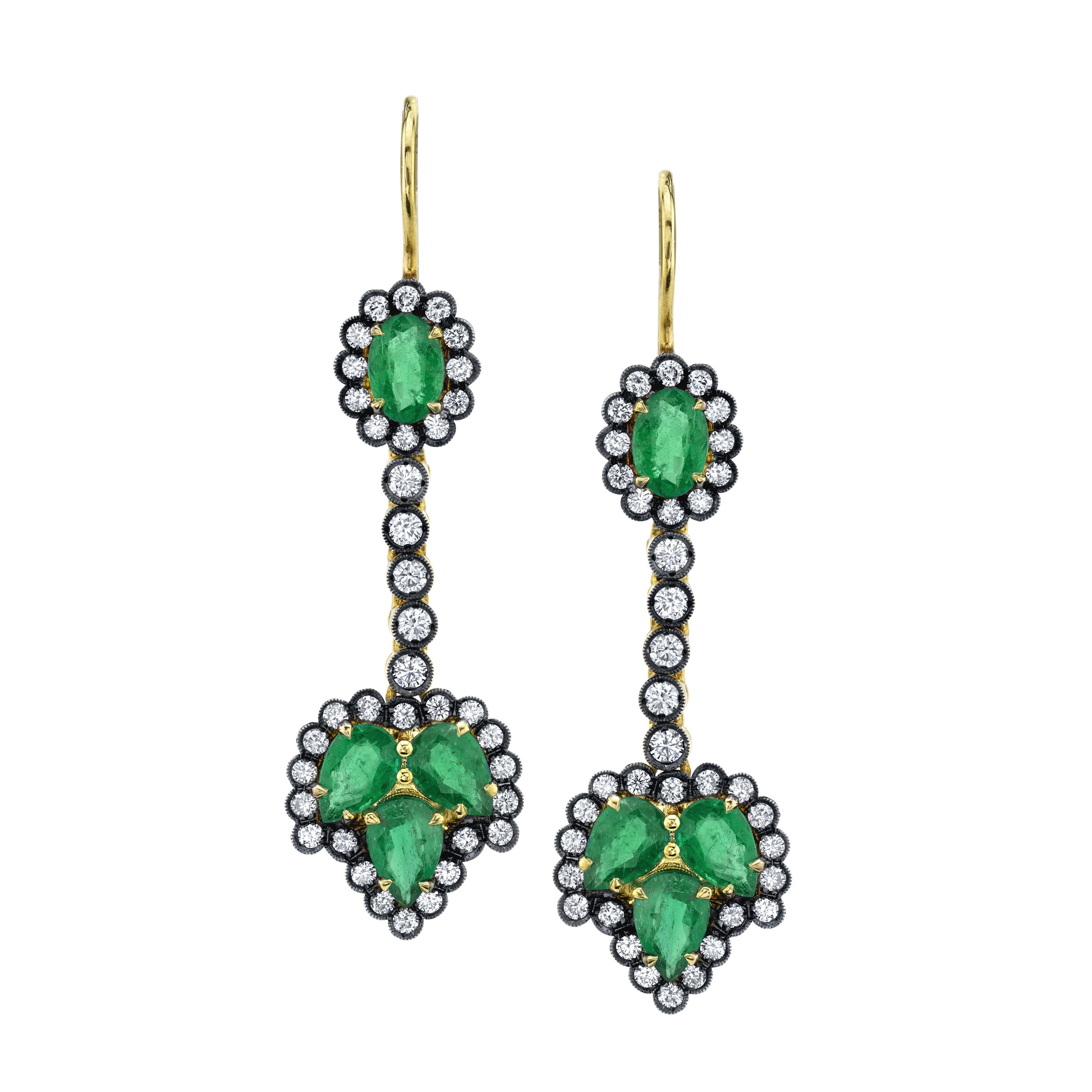 LORD Jewelry is a boutique fine jewelry atelier known for its masterful craftsmanship, intricate designs, and colorful collections. Lena and Sinork Agdere, the father-daughter team behind the Los Angeles based brand, is committed to creating unique, luxurious and timeless jewelry for connoisseurs of fine art and high fashion. Specializing in enamel work, a Lord piece is a great addition to any collection. -18K Yellow gold-Various shaped Emerald, 5.53cts-Round diamonds, 1.10ctsItem# 210-01509 Emerald Drop Earrings