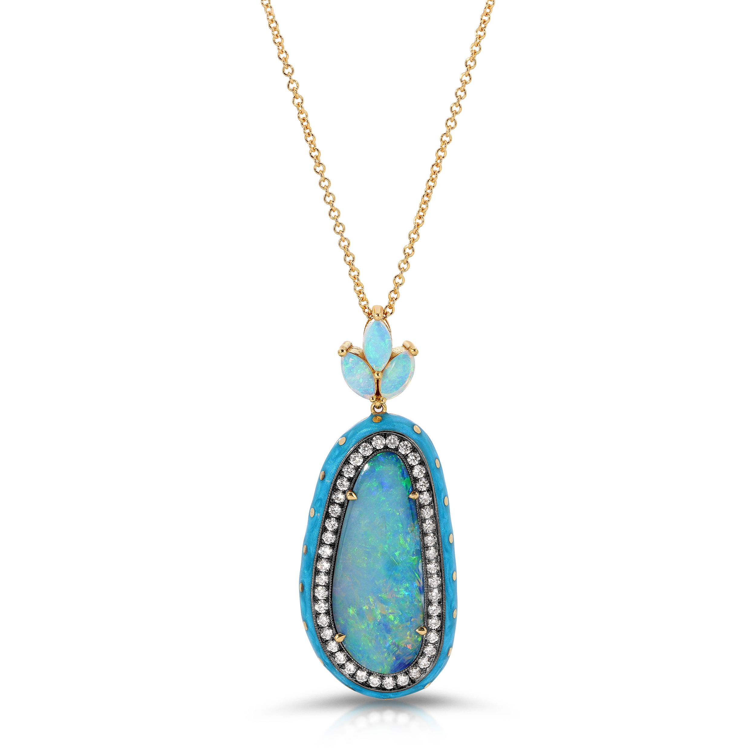 LORD Jewelry is a boutique fine jewelry atelier known for its masterful craftsmanship, intricate designs, and colorful collections. Lena and Sinork Agdere, the father-daughter team behind the Los Angeles based brand, is committed to creating unique, luxurious and timeless jewelry for connoisseurs of fine art and high fashion. Specializing in enamel work, a Lord piece is a great addition to any collection. -18K Yellow Gold-Round diamonds, 0.44cts-Oval Opal, 3.92ct-Marquise Opals, 0.43cts-Length, 15"Item #807-00742 Opal Cluster Necklace