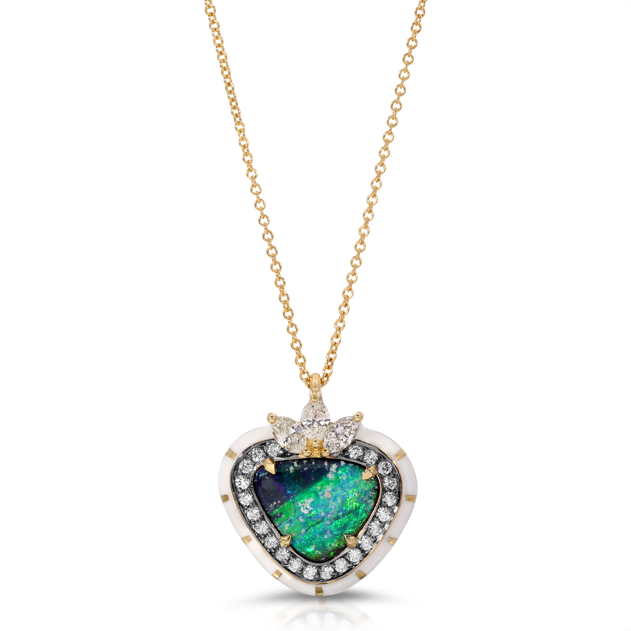 LORD Jewelry is a boutique fine jewelry atelier known for its masterful craftsmanship, intricate designs, and colorful collections. Lena and Sinork Agdere, the father-daughter team behind the Los Angeles based brand, is committed to creating unique, luxurious and timeless jewelry for connoisseurs of fine art and high fashion. Specializing in enamel work, a Lord piece is a great addition to any collection. -18K Yellow Gold-Various shaped diamonds, 0.62cts-Opal, 2.59cts-Length, 18"Item# 807-00744 Crowned Opal Necklace