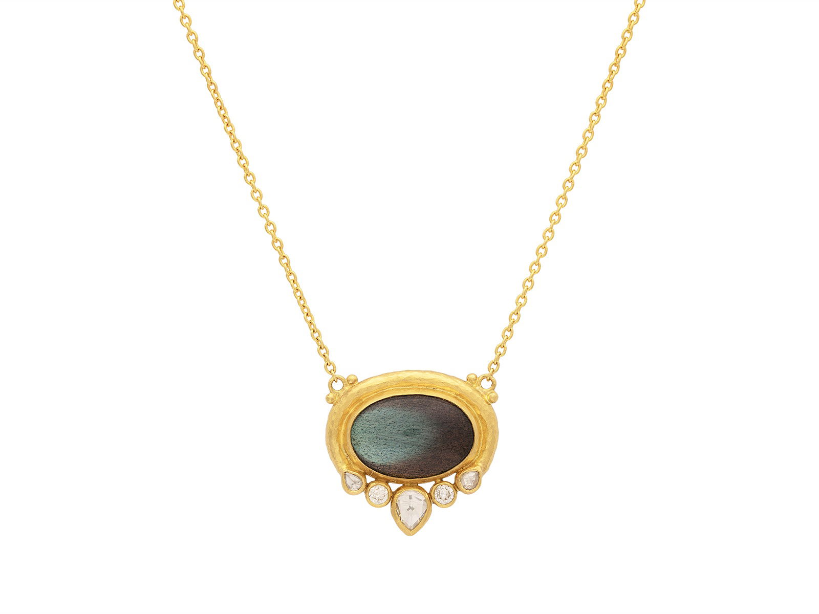 This necklace showcases a labradorite pendant framed in yellow gold and accented with diamonds. Its shimmering hues and elegant design make it a captivating piece for any occasion.-24k Yellow gold-Labradorite, 10.07ct-Rose cut diamonds, 0.43cts-Round diamonds, 0.22ctsItem# 001-807-01010 Labradorite Necklace