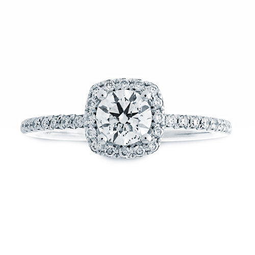 This exquisite engagement ring features a brilliant round center diamond, encircled by a sparkling halo for added brilliance and elegance. The cushion-shaped halo enhances the center stone's size and shine, creating a timeless and sophisticated design that will be cherished forever. (Center diamond sold separately.)-14k White gold-Round diamonds, 0.25cts-Size 6.5, Contact for sizing optionsItem# 100-00108 Beatrice
