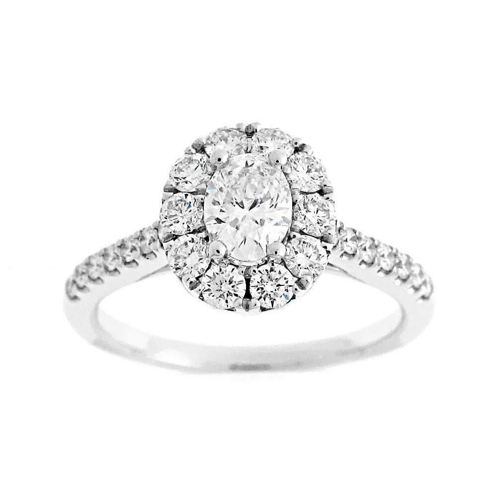 This beautiful 14k White gold engagement ring features a captivating oval halo that perfectly frames your chosen center stone. The elegant design enhances the brilliance and size of the diamond, creating a timeless and sophisticated look. (Center diamond sold separately.)-14k White gold-Round diamonds, 0.68cts-Size 6.25, Contact for sizing optionsItem# 100-00885 Oval Halo Engagement Ring