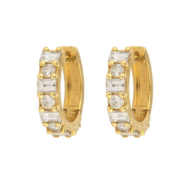 Combining classic elegance with on trend shapes and styles, JFJ offers something for women of all ages. From the Lisse Collection, these hoops feature tightly set pave white diamonds in signature brushed JFJ finish in 18k yellow gold.-18k Yellow gold-Round & emerald cut diamonds, 1.04ctsItem# 805-01627 Michelle Hoop Earrings With Alternating Pave Diamonds