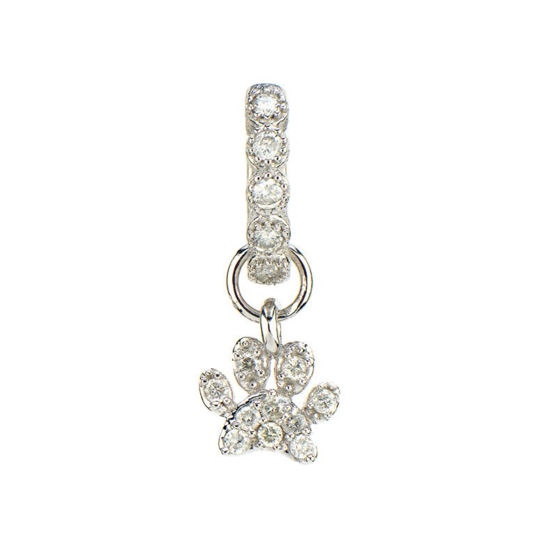 Combining classic elegance with on trend shapes and styles, JFJ offers something for women of all ages. From the Petites Collection, this charm features pave set white diamonds set in 18K gold. Hoops and earring charms sold separately. Charms sold as singles.-18k White gold-Round white diamonds, 0.08cts-Dimensions, 6mmItem# 809-00629 Petite Diamond Pave Paw Earring Charm