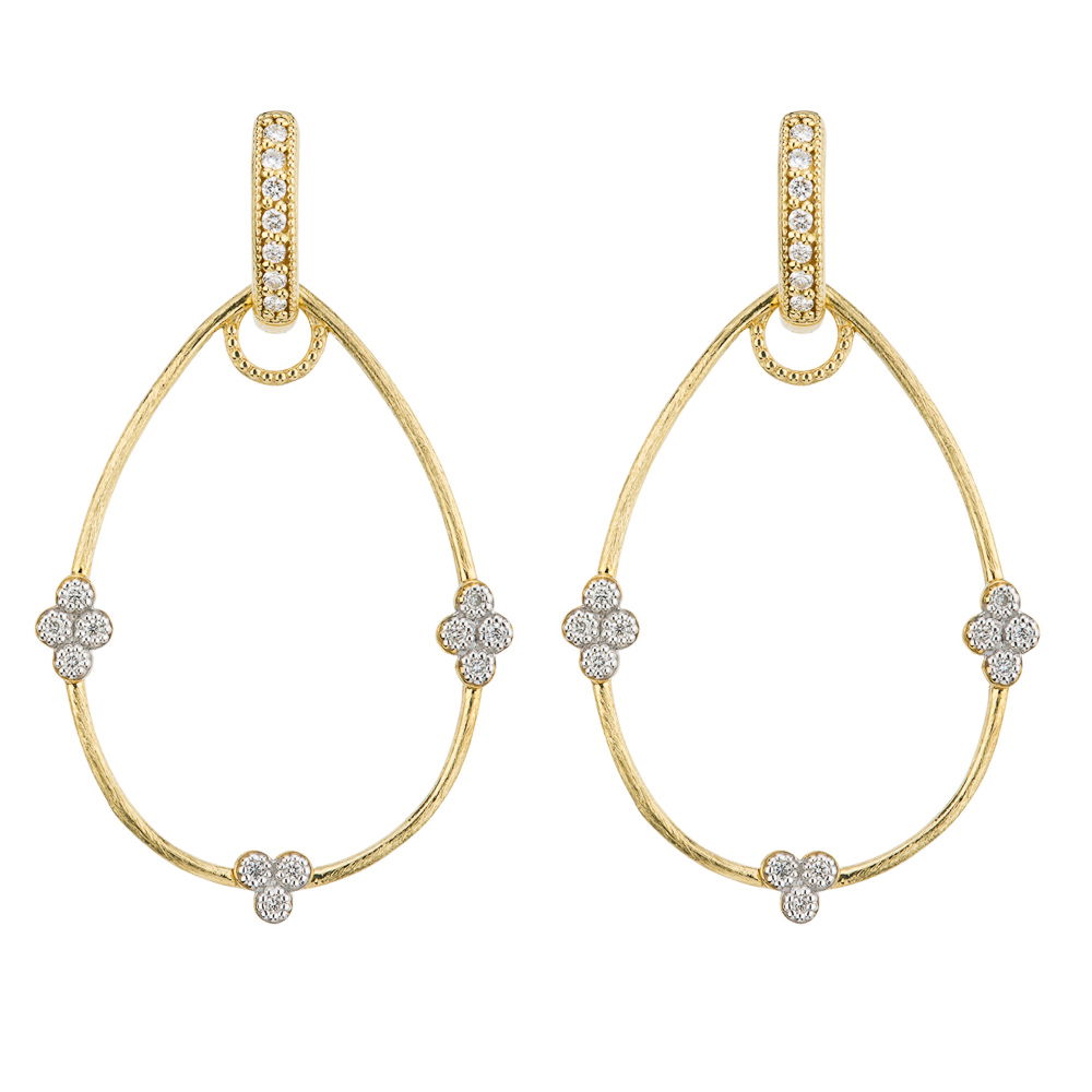 Combining classic elegance with on trend shapes and styles, JFJ offers something for women of all ages. From the Provence Collection, these frames feature bezel set round diamond quads in 18K gold. Wear earring charm frames alone or along with any number of JudeFrances hoops and earring charms. Hoop and earring frames sold separately.-18k Yellow gold-Round white diamonds, 0.06ctsItem# 809-2000019 Simple Provence Pear Earring Charm Frames