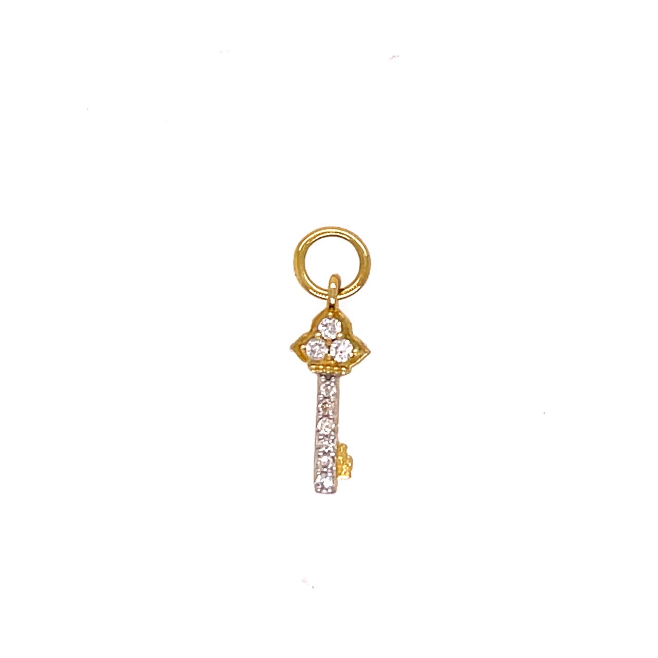 Combining classic elegance with on trend shapes and styles, JFJ offers something for women of all ages. From the Petite Collection, this key charm is elegantly covered in sparkling diamonds, adding a touch of luxury and sophistication. Its delicate design makes it a perfect accessory for creating a personalized, timeless look. Hoops and charms sold separately. Charms sold as singles.-18k Yellow gold-Round diamonds, 0.05ctsItem# 811-00259 Petite Diamond Pave Key Charm