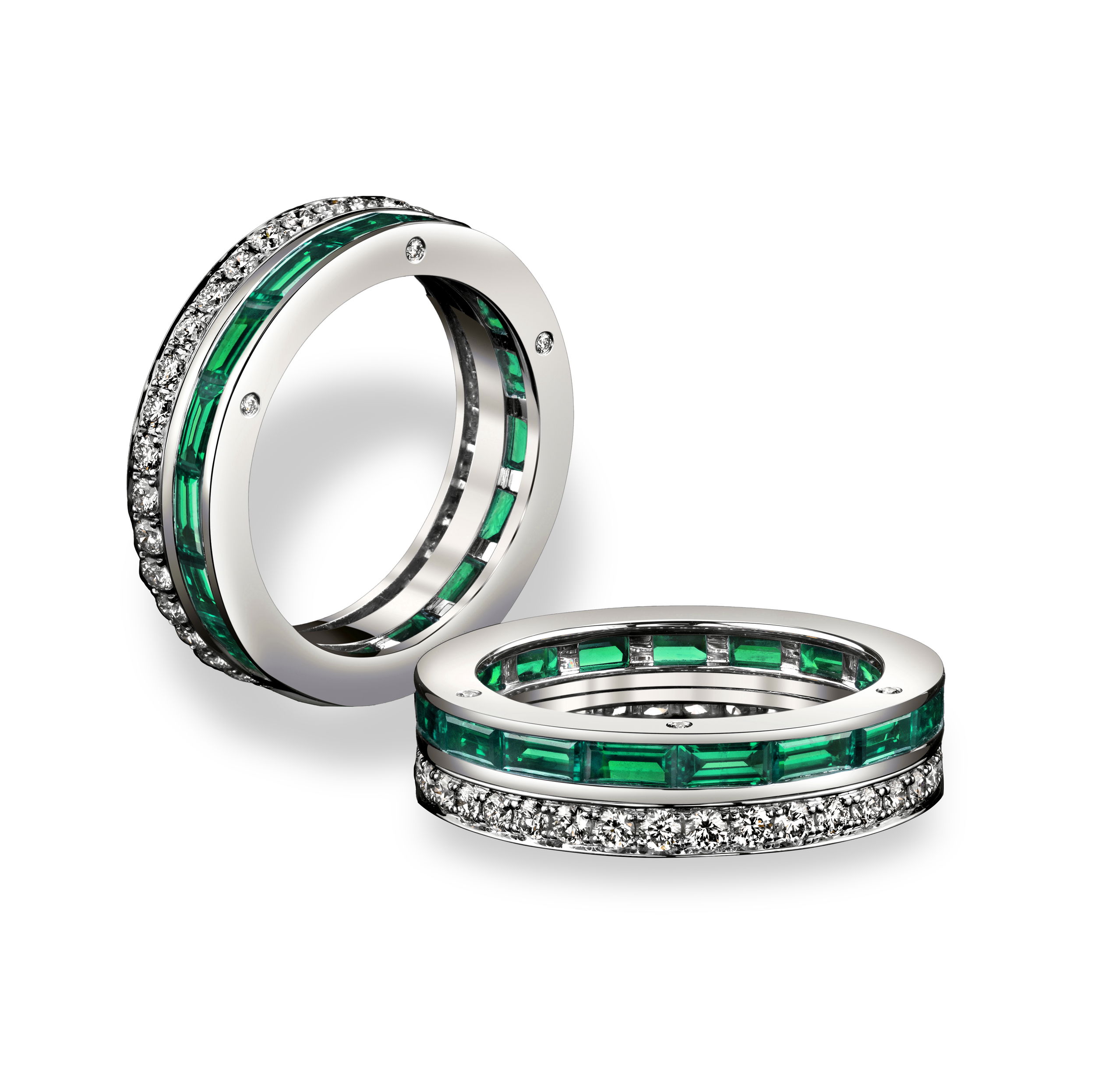 This platinum ring showcases vibrant emeralds complemented by sparkling round diamonds. Elegant and timeless, it’s a captivating piece that adds a touch of luxury to any occasion.-Platinum-Emeralds, 1.93cts-Round diamonds, D-F/VS+ 0.71cts-Size 7Item# 001-200-01070 Masterpiece Eternity Ring