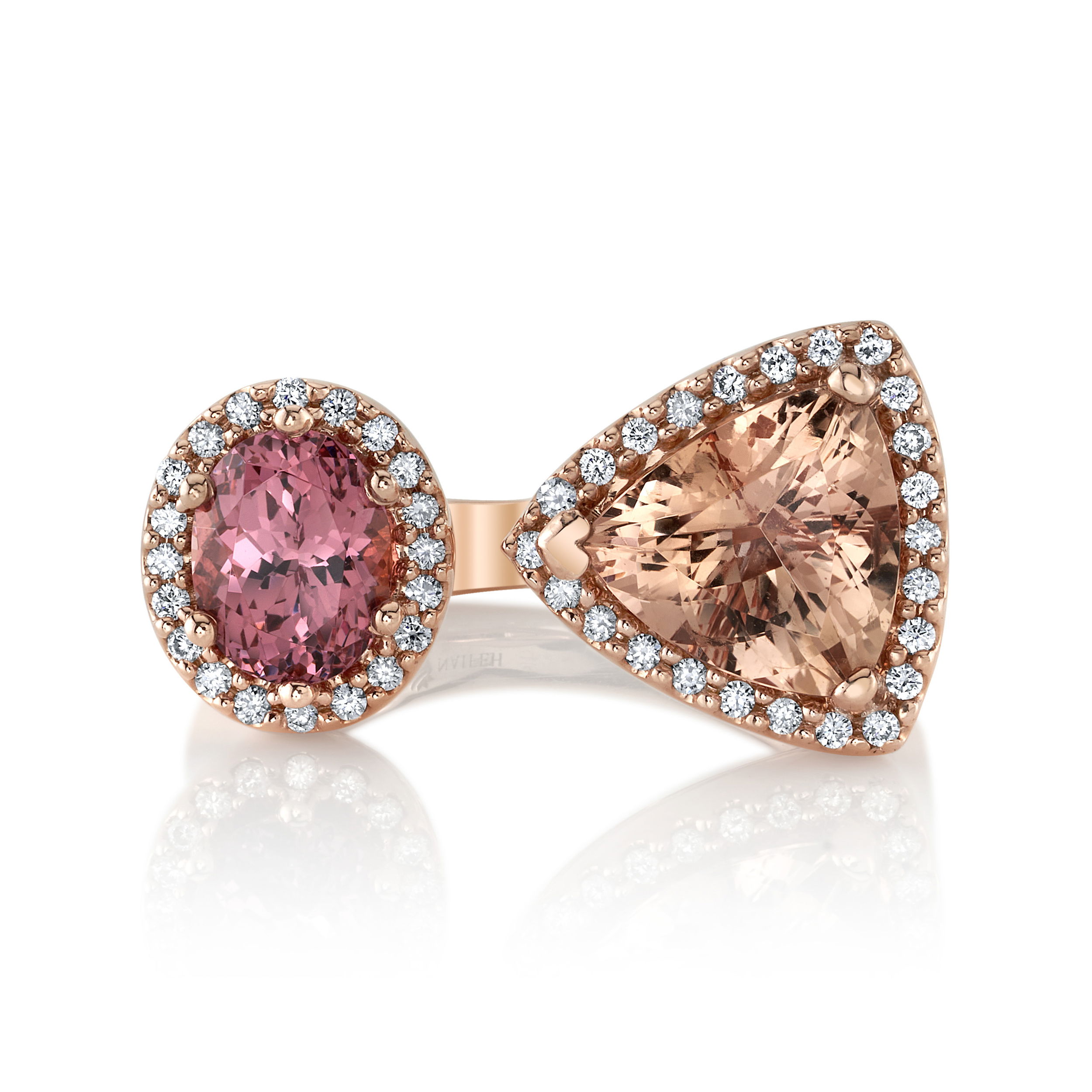 This 14k rose gold ring features a striking combination of trilliant-cut precious topaz, opal, and garnet, accented by round diamonds. The vibrant gemstones and warm rose gold setting create a unique and elegant design that's perfect for adding a bold touch to any look.-14k Rose gold-Trillian precious topaz, 2.76cts-Oval garnet, 2.82cts-Round diamonds, 0.22ctsItem# 200-01120 Topaz x Garnet Power Ring