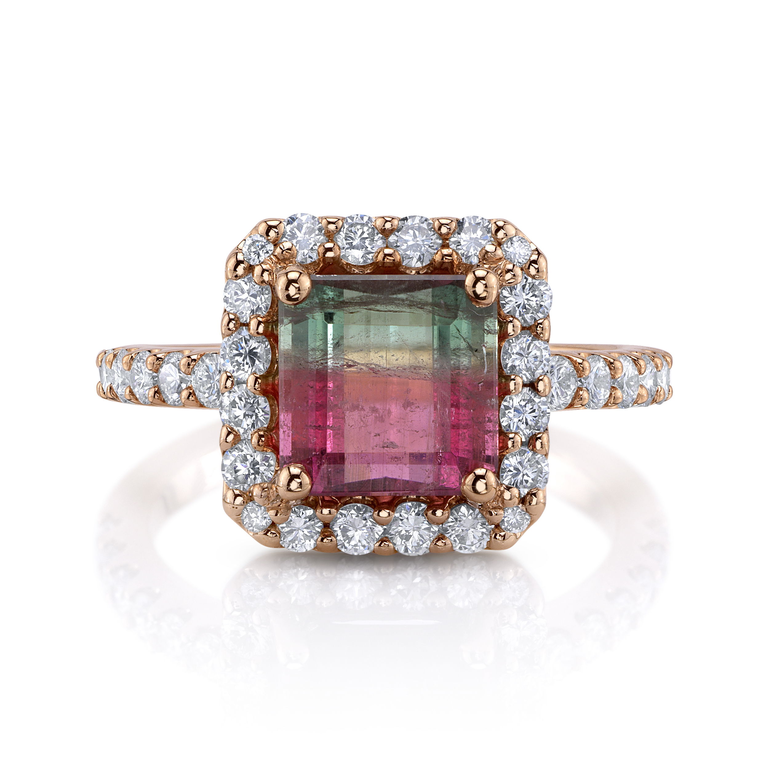 This 14k rose gold ring showcases a vibrant square tourmaline, accented by sparkling round diamonds for a blend of warmth and elegance. The soft hue of the gold complements the bold gemstone, making it a unique and stylish piece. Fondly, Valerie!-14k Rosé gold-Square tourmaline, 2.36cts-Round diamonds, 0.70cts-Contact for sizing options.Item# 200-01124 Fondly Ring